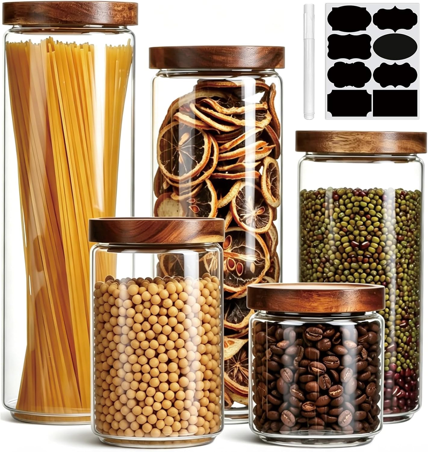 Flrolove Glass Canisters With Wooden Lids, Kitchen Jars for Storage 5 Pack | Glass Food Storage Containers with Lids, Cereal Containers Storage Canisters for Coffee, Cookie, Pasta, Rice, Tea, Sugar