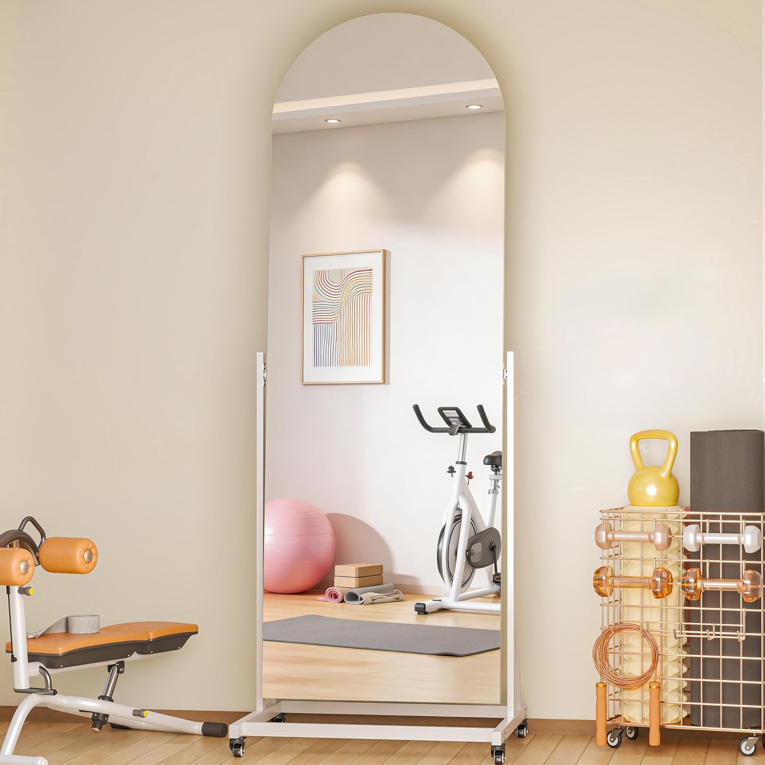 71″x24″ Arched Full Length Rolling Mirror on Wheels, Tilting Swivel Floor Mirror with Tempered Glass and Metal Frame, Large Full Body Mirror for Bedroom, Dressing Room, Home Gym, Home Decor