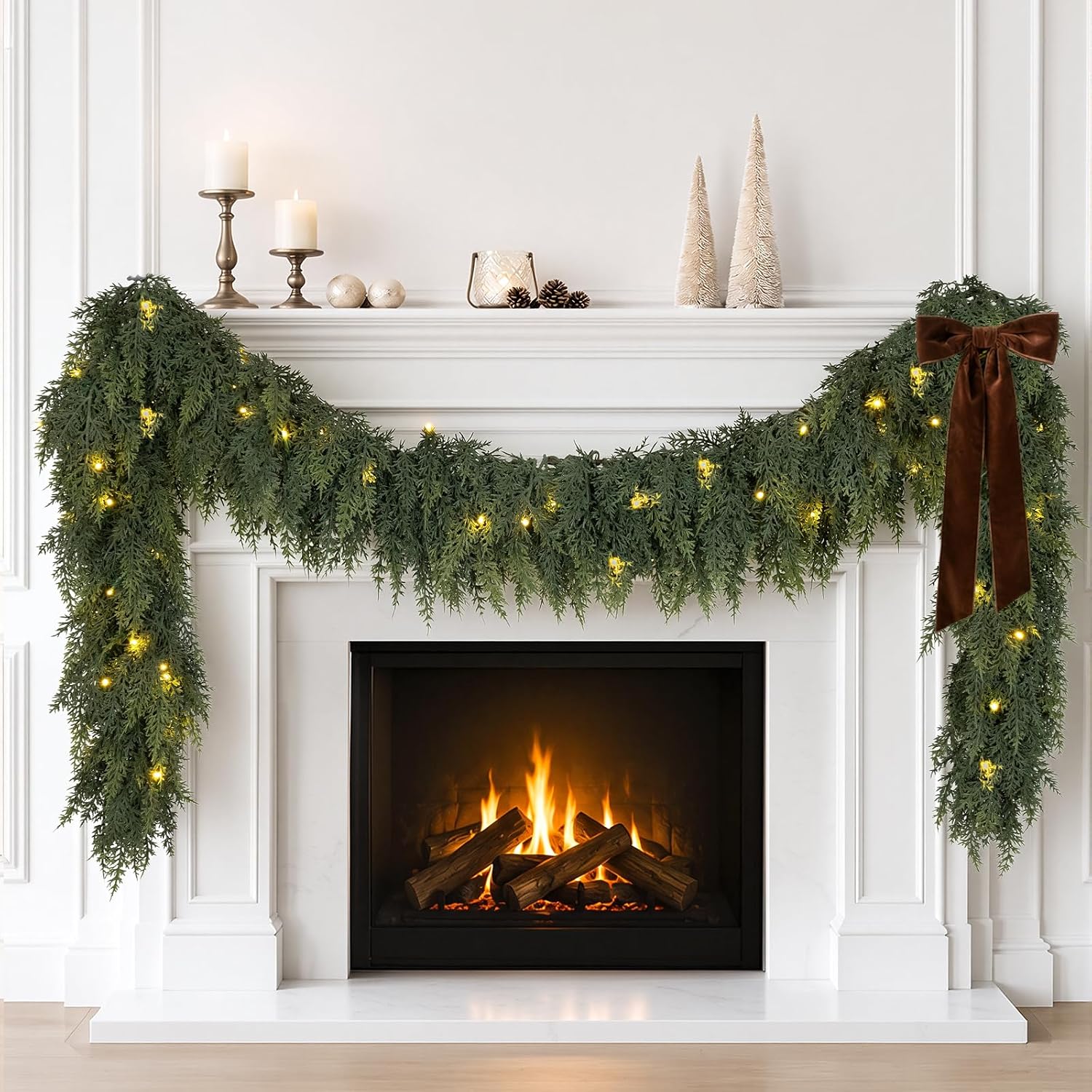 9FT Cedar Christmas Garland with Lights, Realistic Prelit Lighted Pine Garlands Artificial Greenery for Xmas Decorations Mantle Stairs Fireplace Door Indoor Outdoor