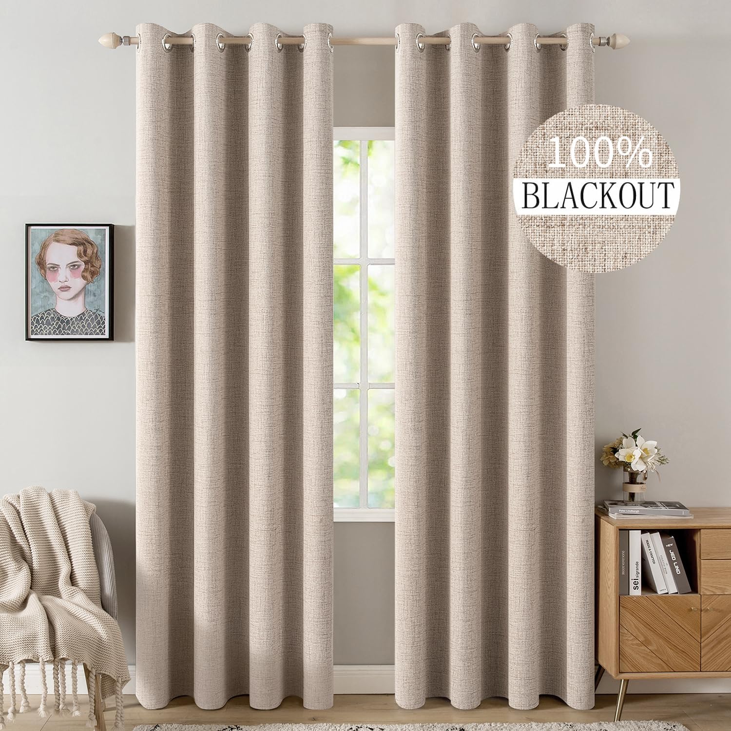 MIULEE 100% Blackout Linen Textured Curtains for Bedroom Solid Thermal Insulated Natural Beige Grommet Room Darkening Curtains & Drapes Luxury Decor for Living Room 52 x 84 Inch (2 Panels)