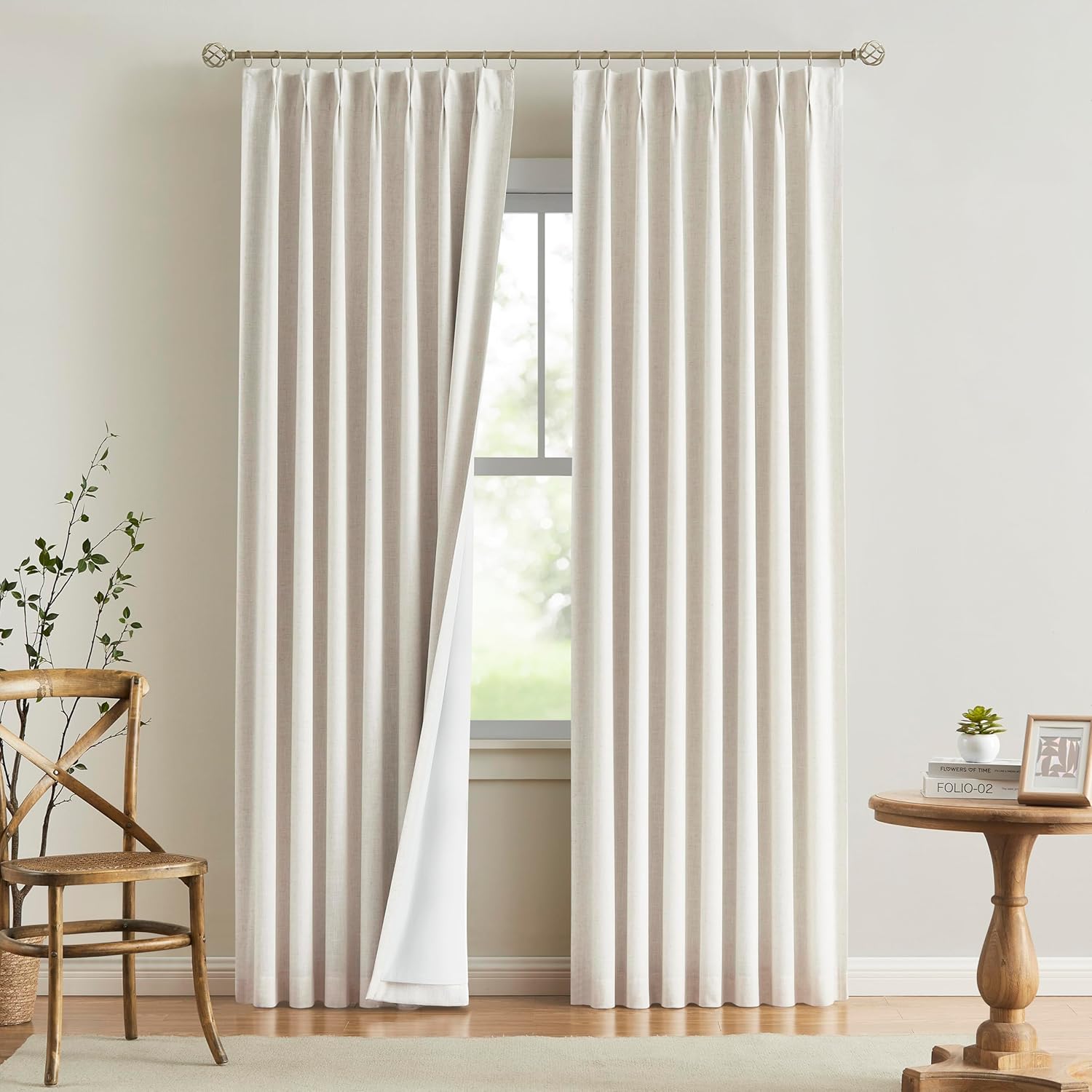 Vision Home Natural Full Blackout Curtains Linen Blended Darkening Window Curtains 84 inch for Living Room Bedroom Thermal Insulated Pinch Pleat Drapes with Hooks 2 Panel 40″Wx84″L