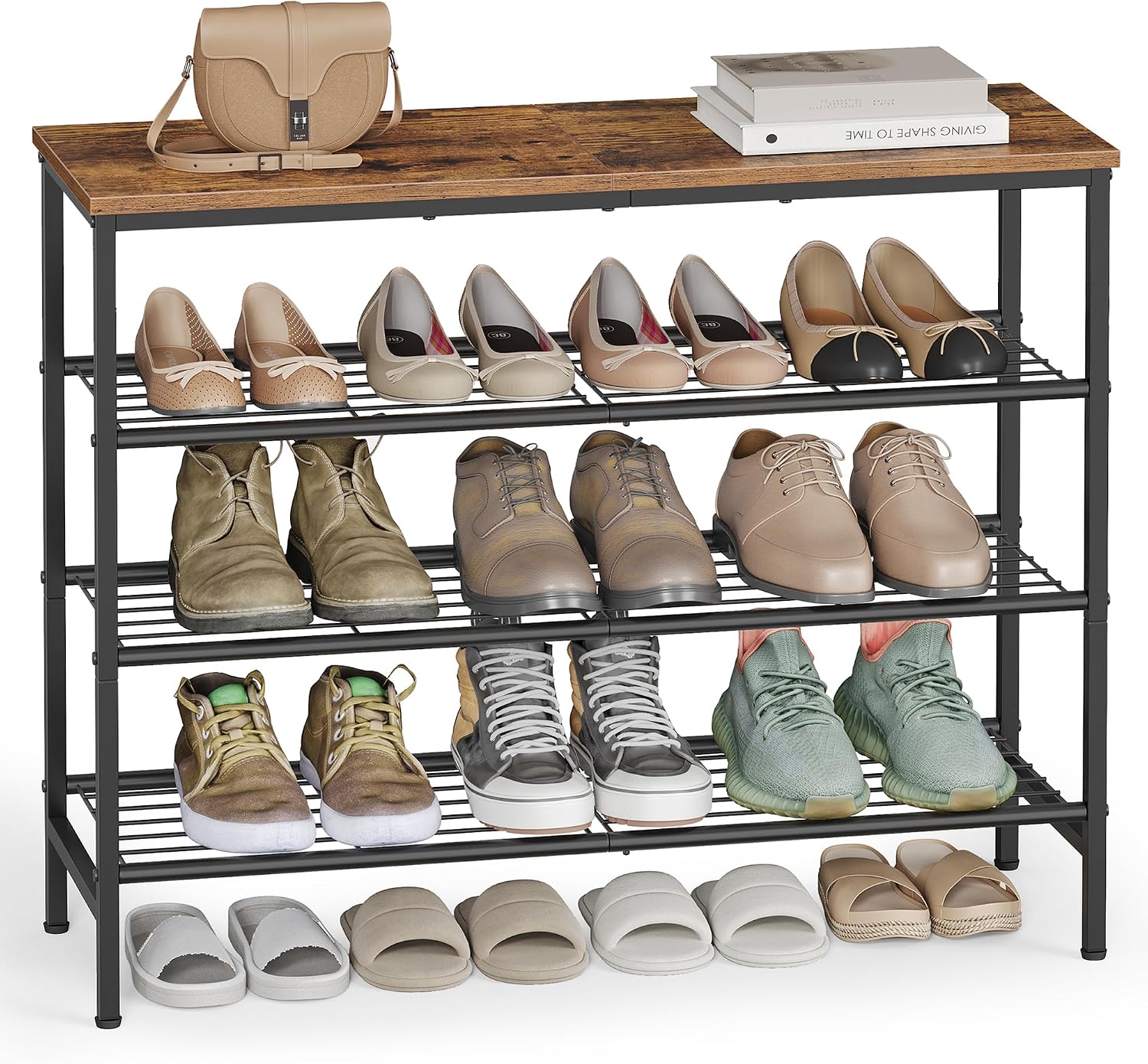 VASAGLE Shoe Rack, Shoe Storage Rack for Closet, Entryway, Living Room, Free Standing Metal Organizer Shelf, 4 Tiers, 11.8 x 29.5 x 27.2 Inches, for 12–16 Pairs, Rustic Brown and Ink Black ULBS049KD01