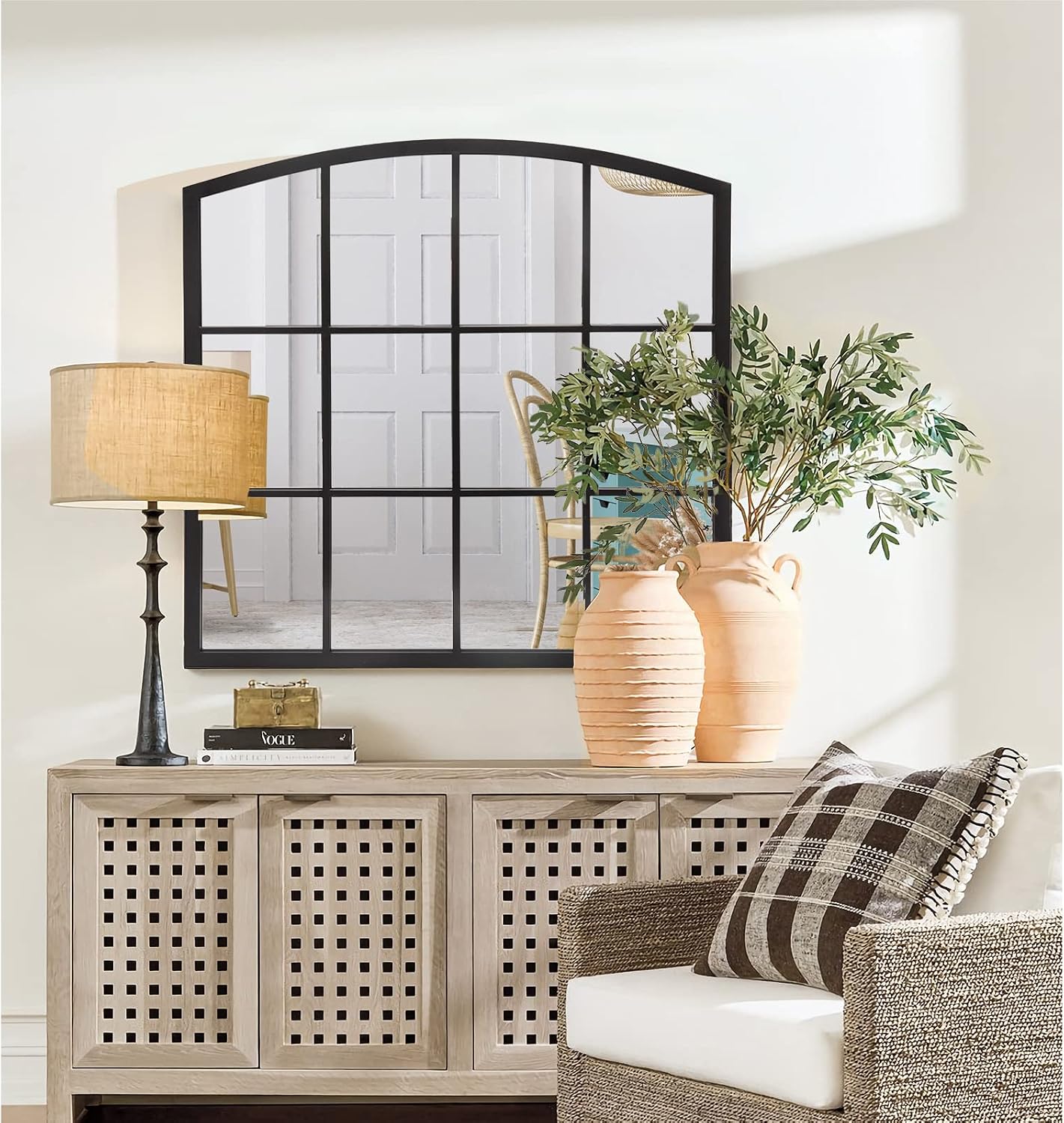 Black Window Pane Mirror, 36″ x 36″ Arched Decorative Wall Mirror