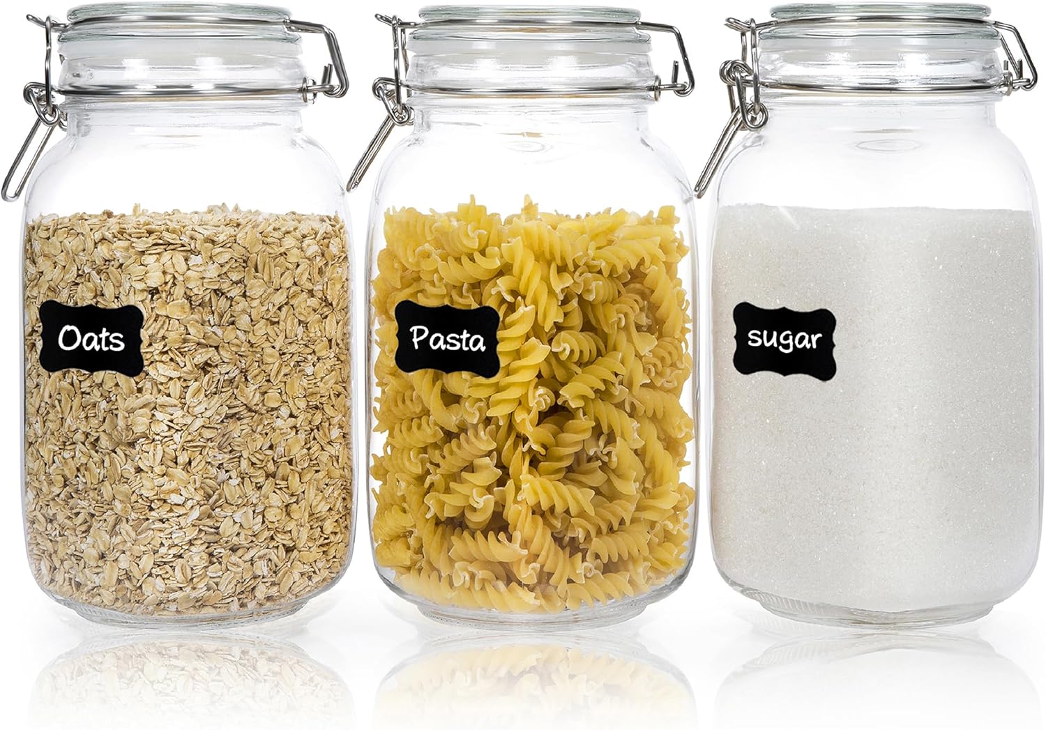 CHEFSTORY 50oz Glass Food Storage Jars with Airtight Clamp Lids, 3 Pack | Food Storage Canister for Kitchen, Pantry Organization, Square Mason Jars for Storing Sugar, Flour, Cereal,Coffee,Cookies