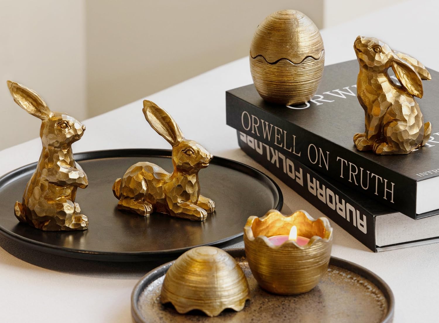 Easter Decorations for Home-3pcs Gold Bunny Figurines & 2pcs Easter Eggs | 2pcs Tealights Brass Rabbit Decor for Spring Home Decor, Vintage Resin Bunnies for Table Centerpieces Mantel Decorations