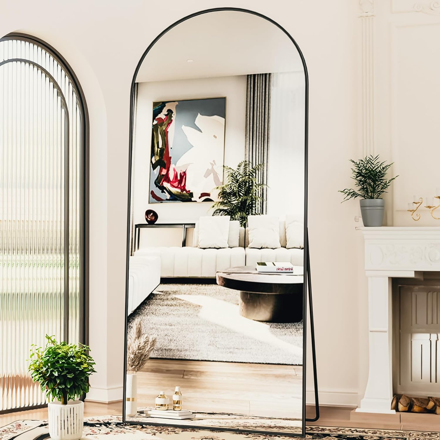 Antok 76″ x34” Arched Full Length Floor Mirror, Black Aluminum Frame, Free Standing/Wall Mount/Leaning for Bedroom, Living Room, Dressing Room