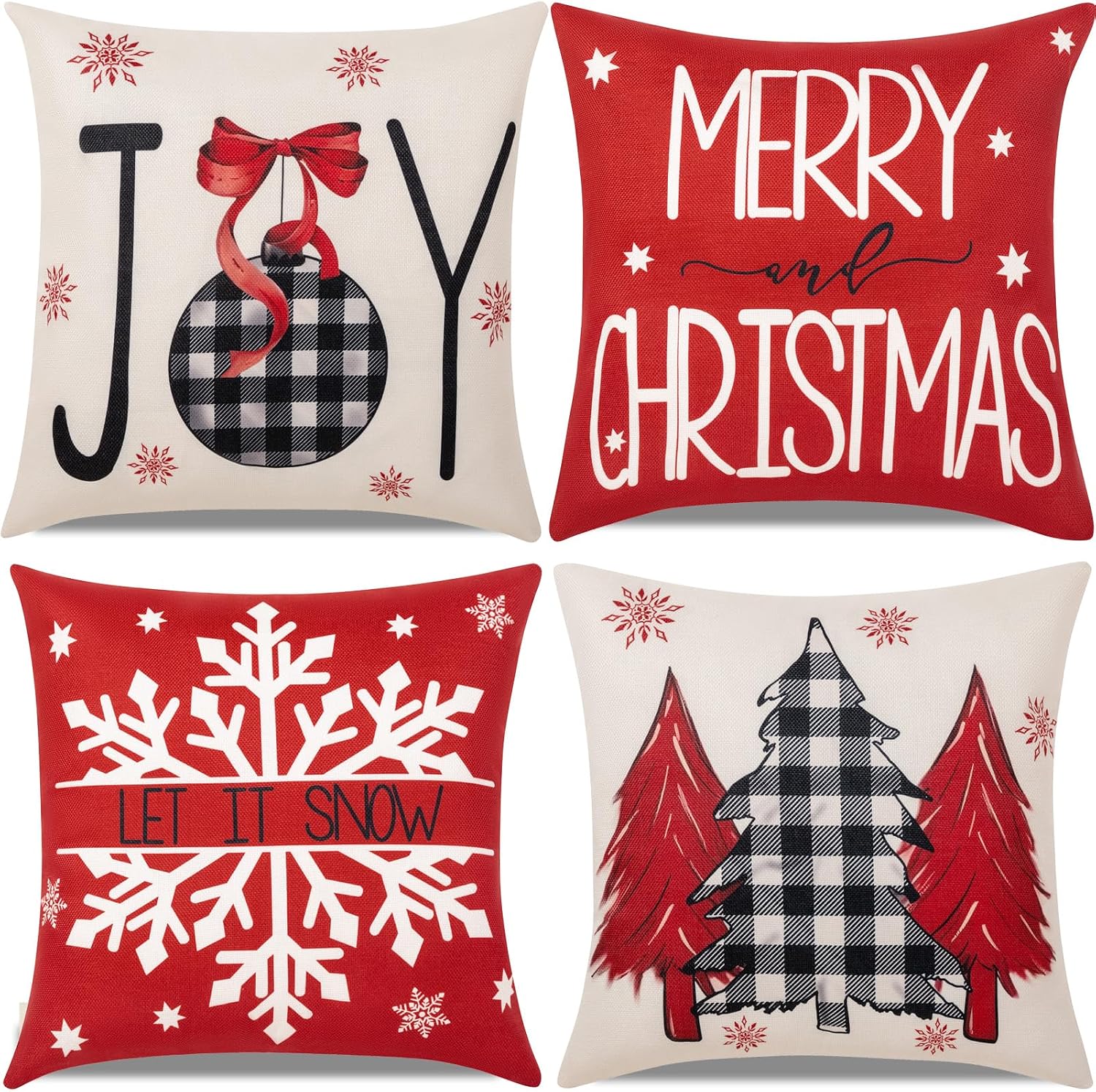 Hongsome Red Christmas Decorations-Throw Pillow Covers 18×18 in Set of 4,Decorative Joy Snowflake Pillow Case for Couch Sofa Winter Holiday Indoor Outdoor Home Red White Xams Decorations
