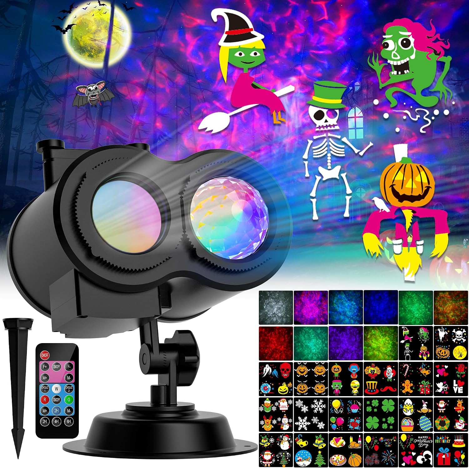 COOLWUFAN 2-in-1 Halloween Christmas Projector Lights Outdoor 20 Slides | Holiday Projectors with 20 HD Replaceable Slides (Ocean Wave & Patterns), Waterproof Halloween Projector Light Show
