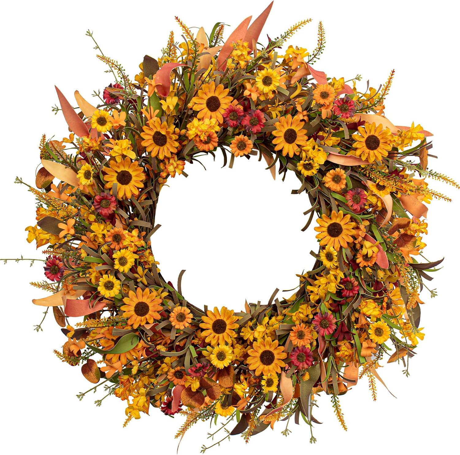 J’FLORU Artificial Fall Wreath 22 Inch Fall Wreaths for Front Door Autumn Porch Farmhouse Thanksgiving Day Harvest Festival