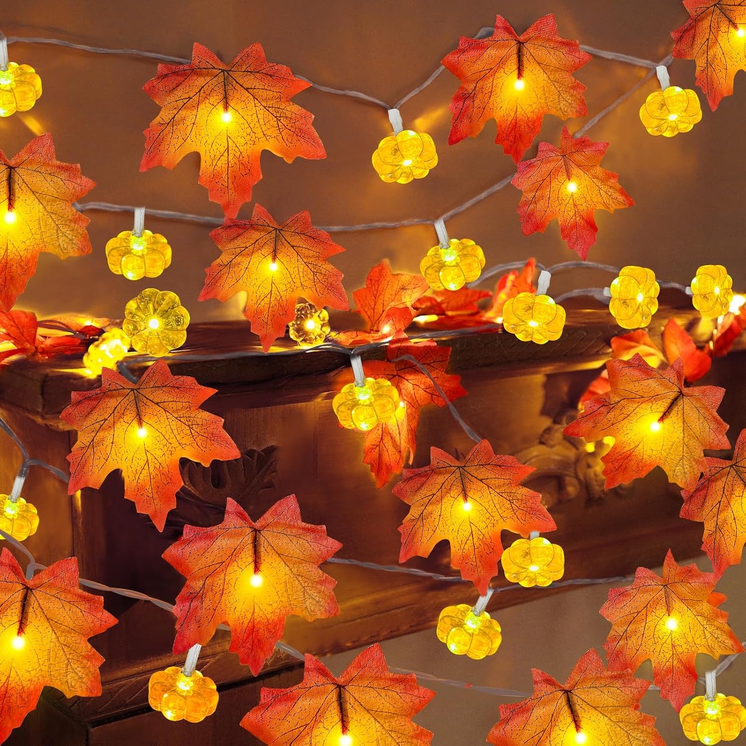 2 Pack & Timer – Fall Garland with Pumpkin Lights Fall Decorations for Home Total 60LED 20Ft Enlarged Maples Leaves Fall Lights Battery Operated Halloween Thanksgiving Christmas Decor Wedding Party