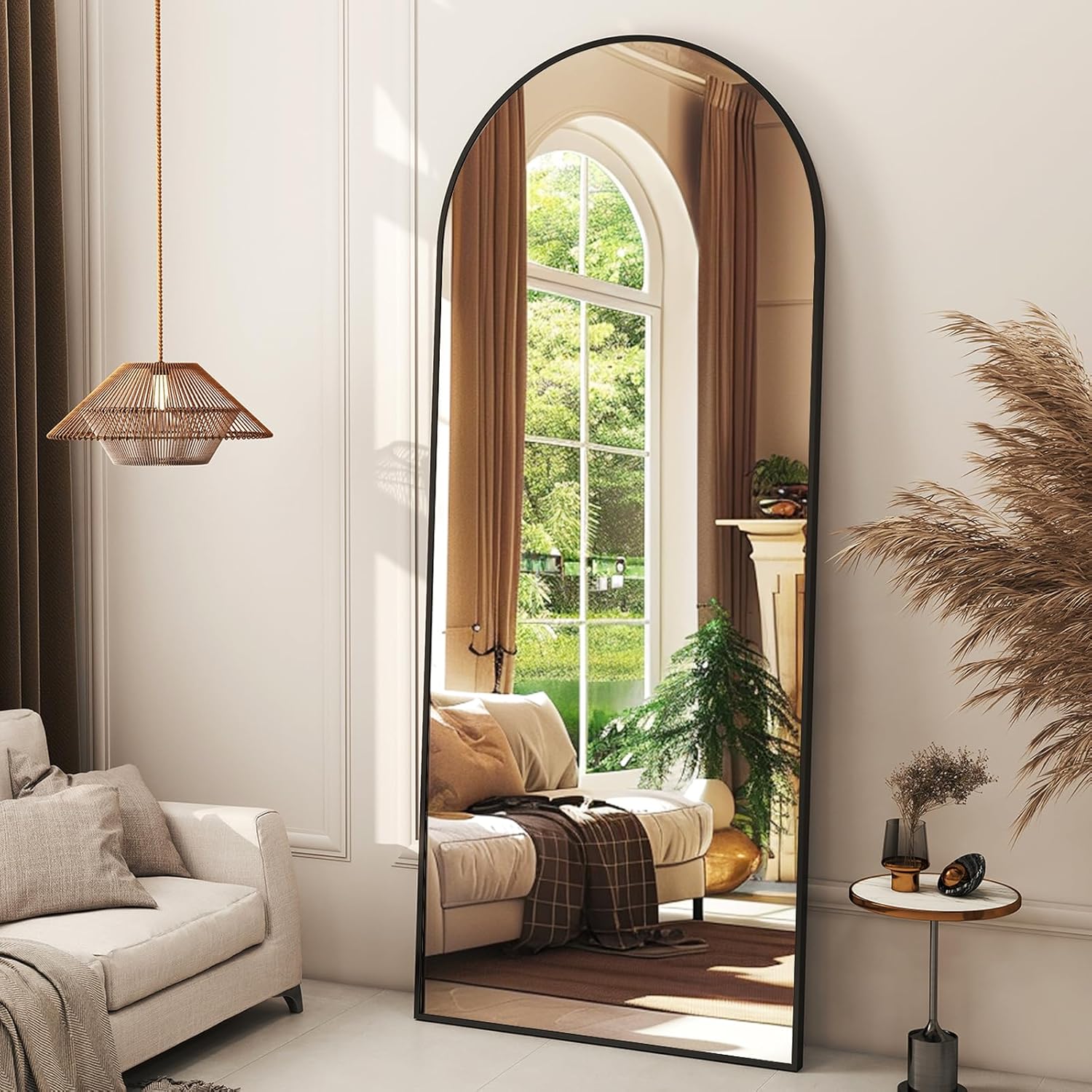XRAMFY 56″x21″ Arched Full Length Mirror Floor Mirrors with Aluminum Alloy Frame Free-Standing Wall Mounted Floor Mirrors or Large Dressing Mirror, Black Mirror Full Length