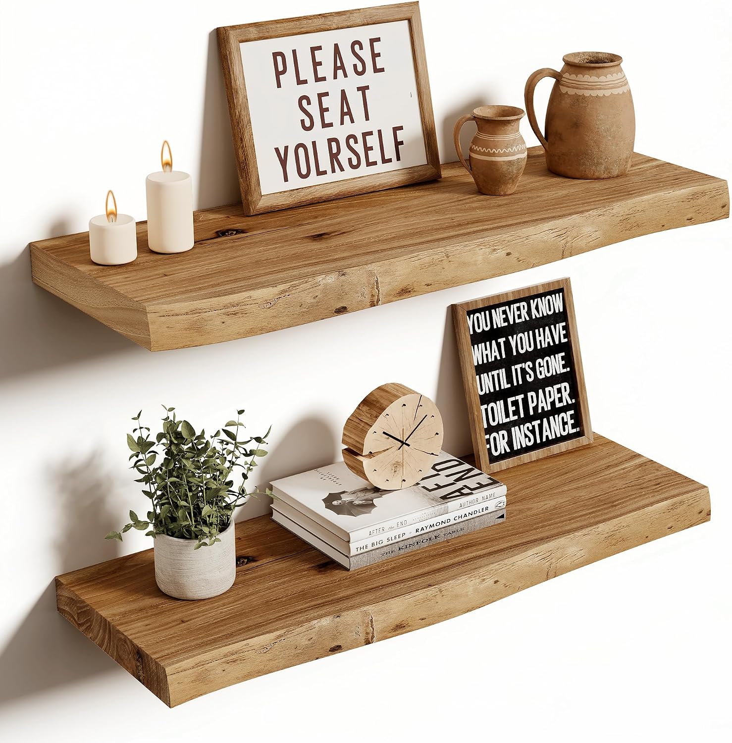 Vivelove Wood Floating Shelves Live Edge 24” Set of 2, Natural | Elm Wood, Heavy Duty, Easy Install With Hardware, No Sagging, Wall Storage, Bathroom Bedroom Living Room Kitchen, Real Wood
