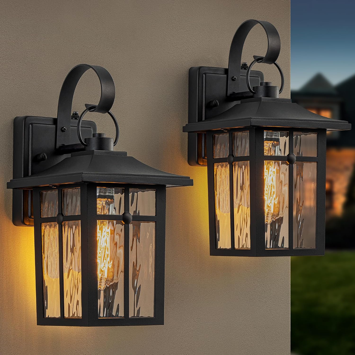 2 Pack Dusk to Dawn Outdoor Wall Lights, Black | Aluminum Exterior Light Fixtures Wall Mount, Ripple Glass, Waterproof Porch Lights, For Entryway, Garage, Patio