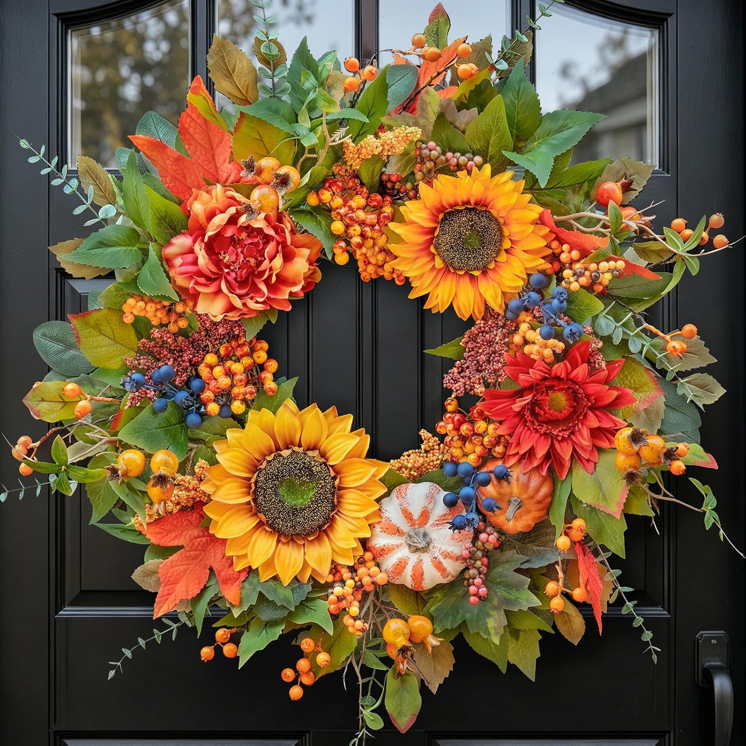 24 Inch Harvest Fall Wreaths for Front Door Outside with Sunflowers | Artificial Autumn Wreath with Pumpkins Berries Maple Leaves – Fall Door Wreath for Porch Entryway Thanksgiving Decor