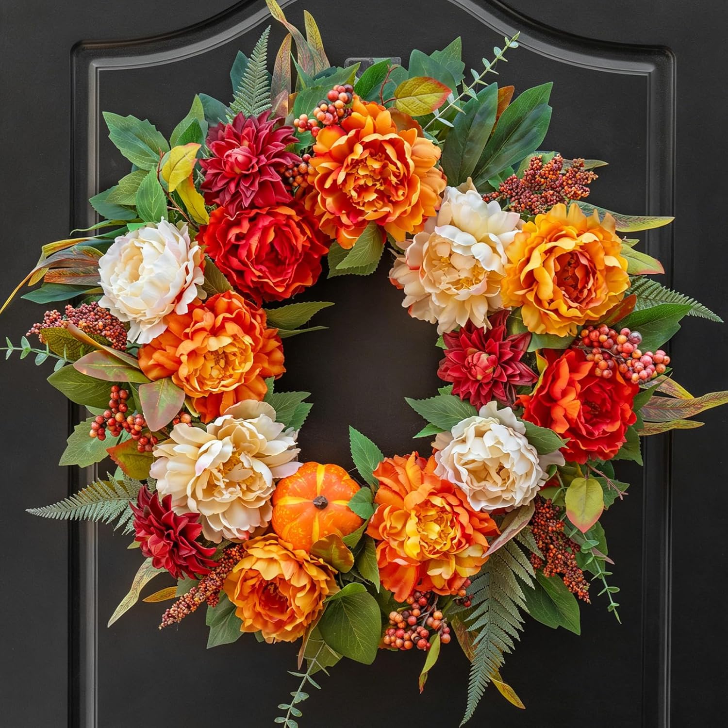 24 InchFall Wreaths for Front Door Autumn Wreath with Peony, Pumpkins | Artificial Silk Autumn Wreath Large Autumn Peony Wreath with Dahlias, Indoor Outdoor Halloween Thanksgiving Porch Décor