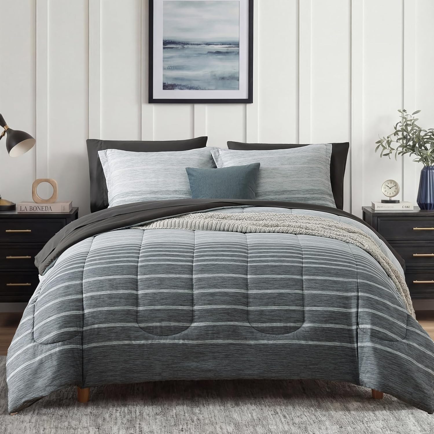 Monbix Queen Comforter Set – 7 Pieces Bed in a Bag Queen, Grey-Stripe Bedding Sets, All Seasons Comforter Bed Set with Sheets, Pillowcases & Shams