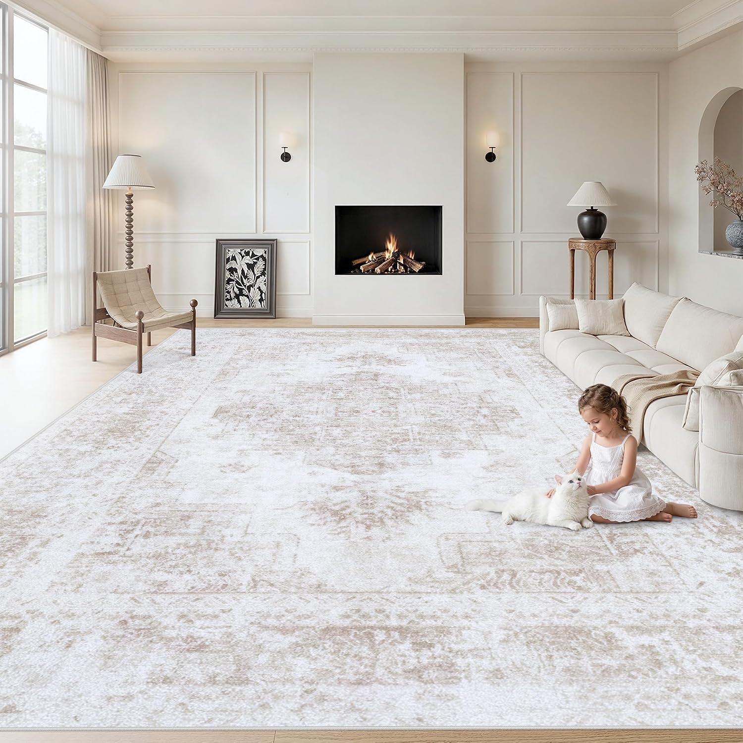 XLUEZ Area Rug 8×10 Living Room Rug, Machine Washable Vintage Distressed Medallion Rug Non-Slip Soft Low Pile Large Indoor Rugs for Bedroom Dining Room Office Children’s Room (Beige,8’x10′)