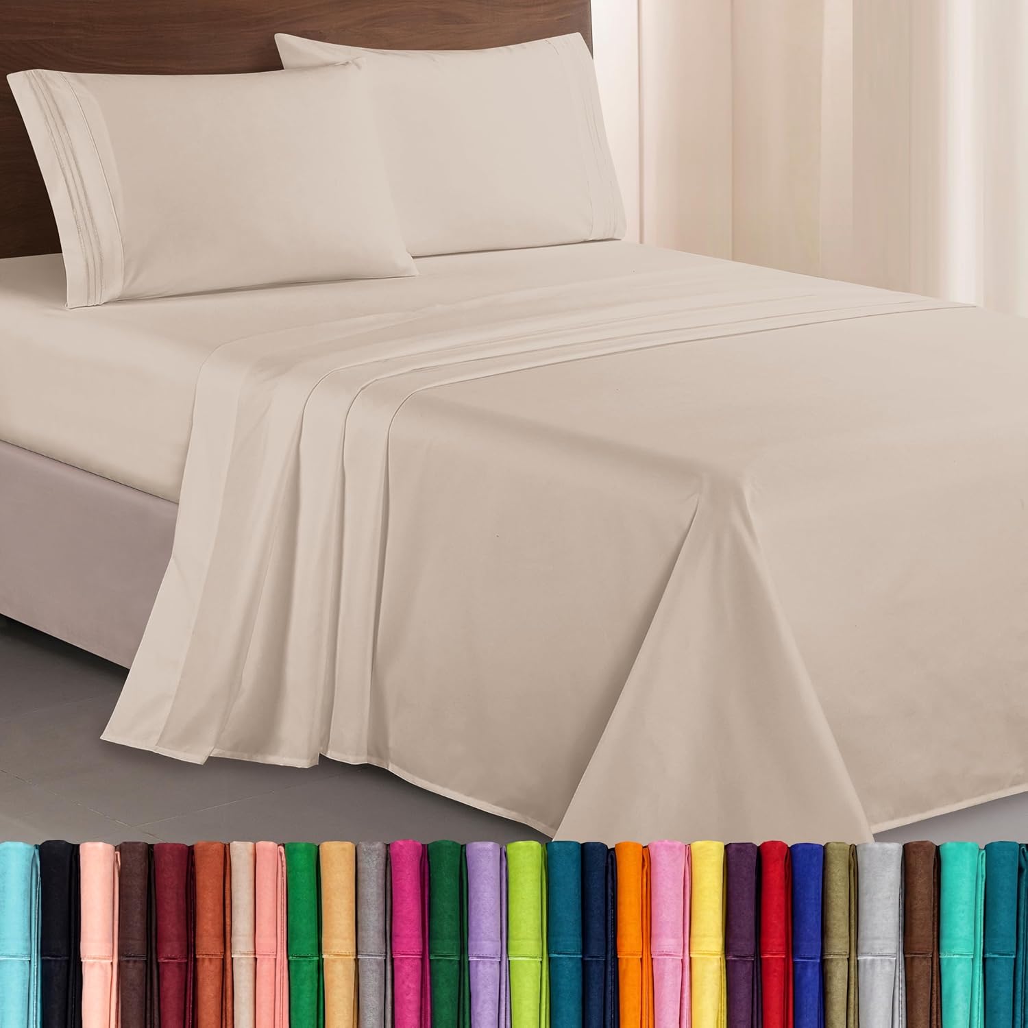 Elegant Comfort Luxurious 1500 Premium Hotel Quality Microfiber Three Line Embroidered Softest 4-Piece Bed Sheet Set, Wrinkle and Fade Resistant, Queen, Cream