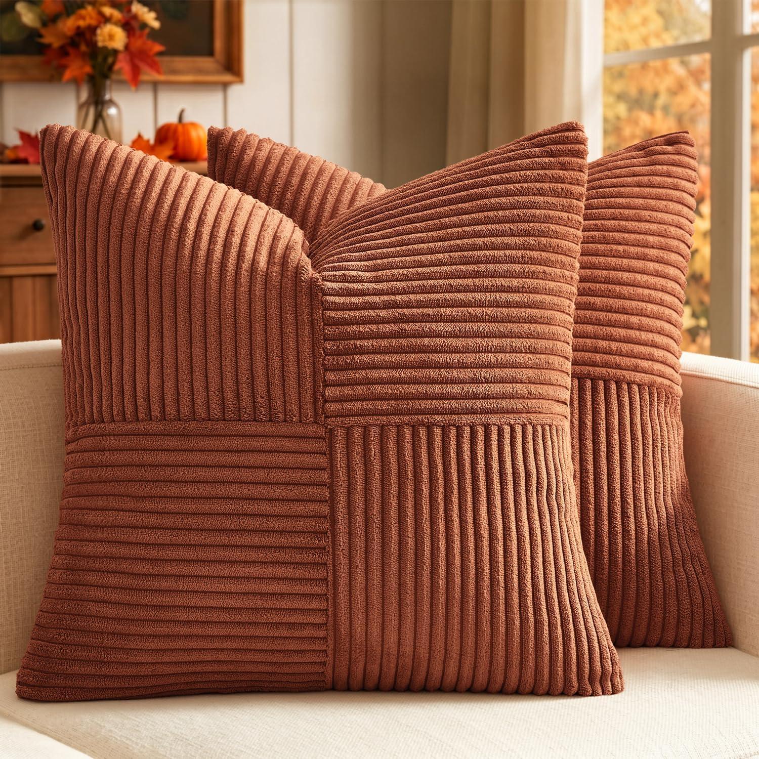 MIULEE Fall Rust Boho Decorative Throw Pillow Covers 18×18 Inch for Couch Bed Sofa Pack of 2, Terracotta Farmhouse Earth Tones Home Decor, Soft Corss Corduroy Patchwork Textured Cushion Cases
