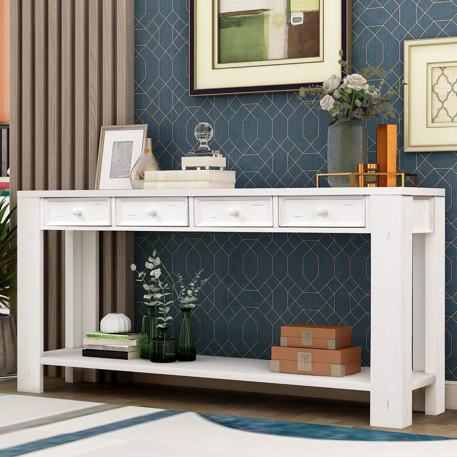 Merax Wood Narrow Console Table for Entryway Hallway Front Door Sidetable with Drawers and Bottom Shelf Antique White