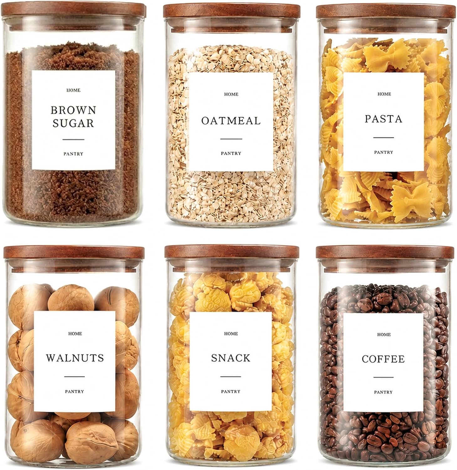 Set of 6 Glass Pantry Jars with Acacia Wood Lids, 32oz Airtight Pantry Storage Containers with 105 Labels, Glass Kitchen Canisters for Coffee, Tea, Sugar, Pasta