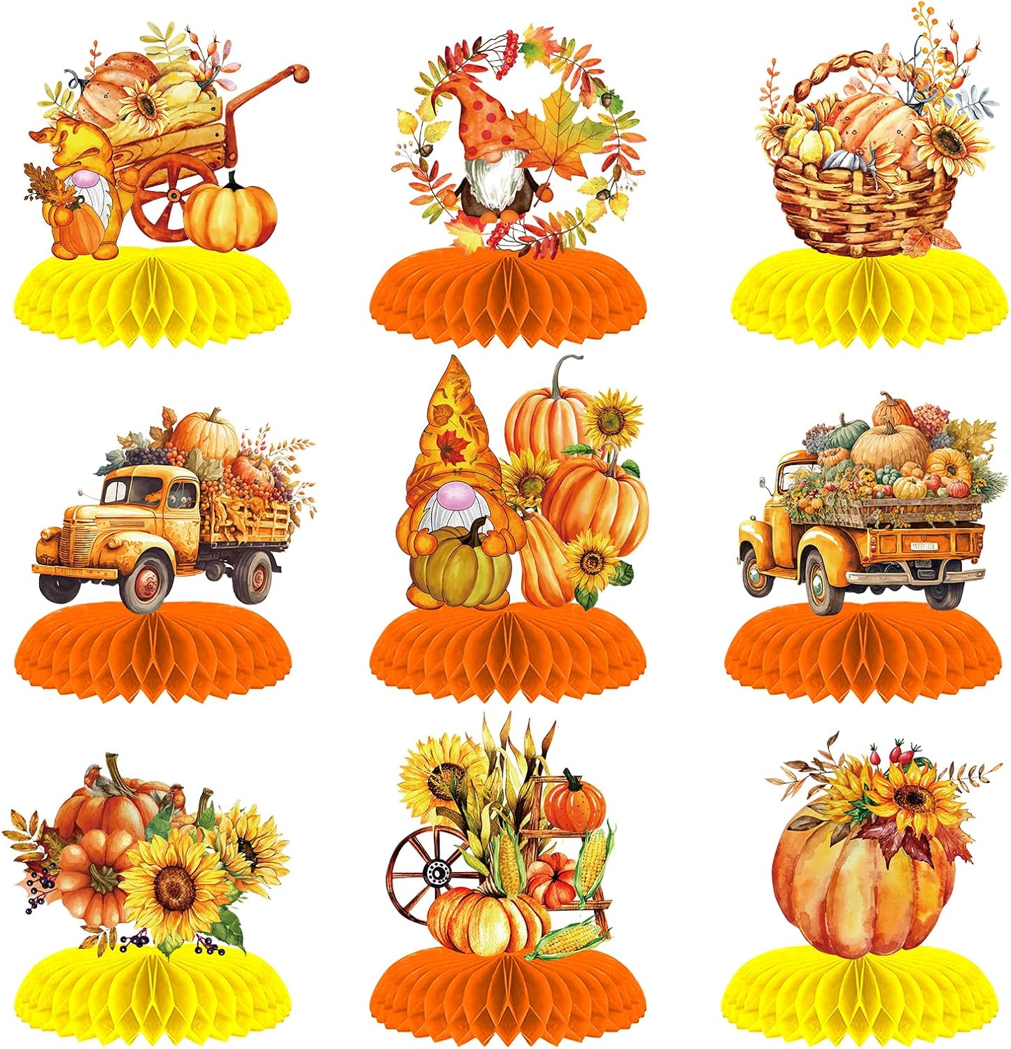 9 Pcs Autumn Thanksgiving Honeycomb Centerpiece Fall Paper Table Decorations 3D Honeycomb Decorations for Friendsgiving Fall Festival Party Supplies (Autumn)