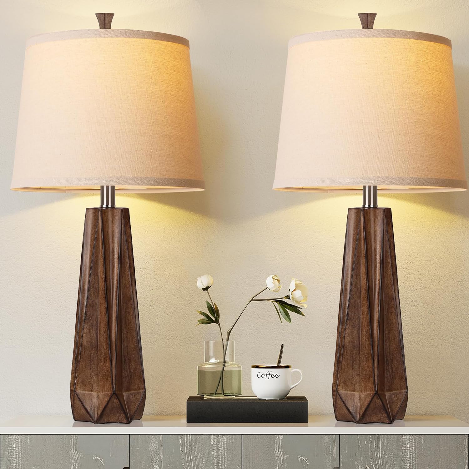 WIHTU 27″ Wood Grain Resin Table Lamp Set of 2,Modern Beside Lamp for Decor | Prism-shaped Lamp Body, Rotary Switch, with 3 Color Temperature, E26 Base, Desk Lamp for Livingroom, Bedroom,2 Bulbs Included