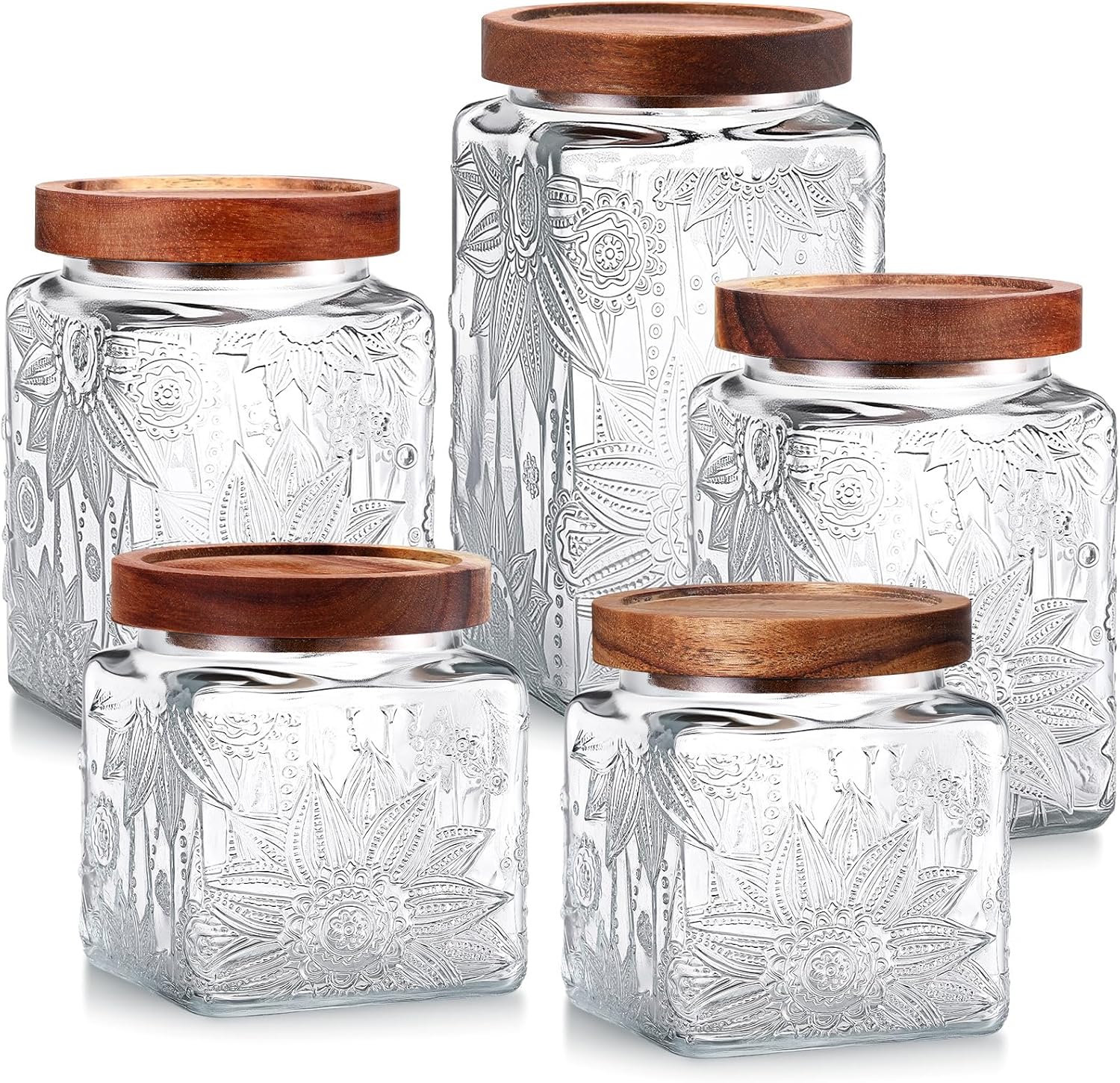 Suclain 5 Pcs Sunflower Vintage Glass Jars with Bamboo Airtight Lid 17/24/34 oz Glass Food Containers Storage for Kitchen Counter Pantry Sugar Flour Coffee Tea Candy Oats Cereal(Square)