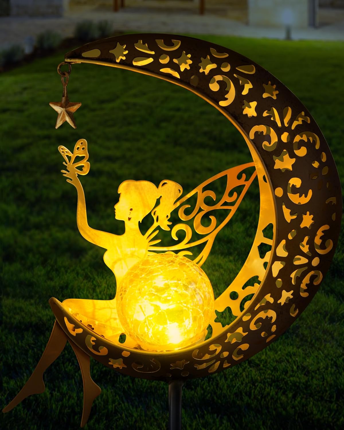 Vuees Solar Garden Statues Outdoor Decor, Fairy Moon Figurine Light Stake, Housewarming Ornament for Patio, Lawn, Yard, Pathway – Unique Gift Ideas for Gardening Mom Grandma