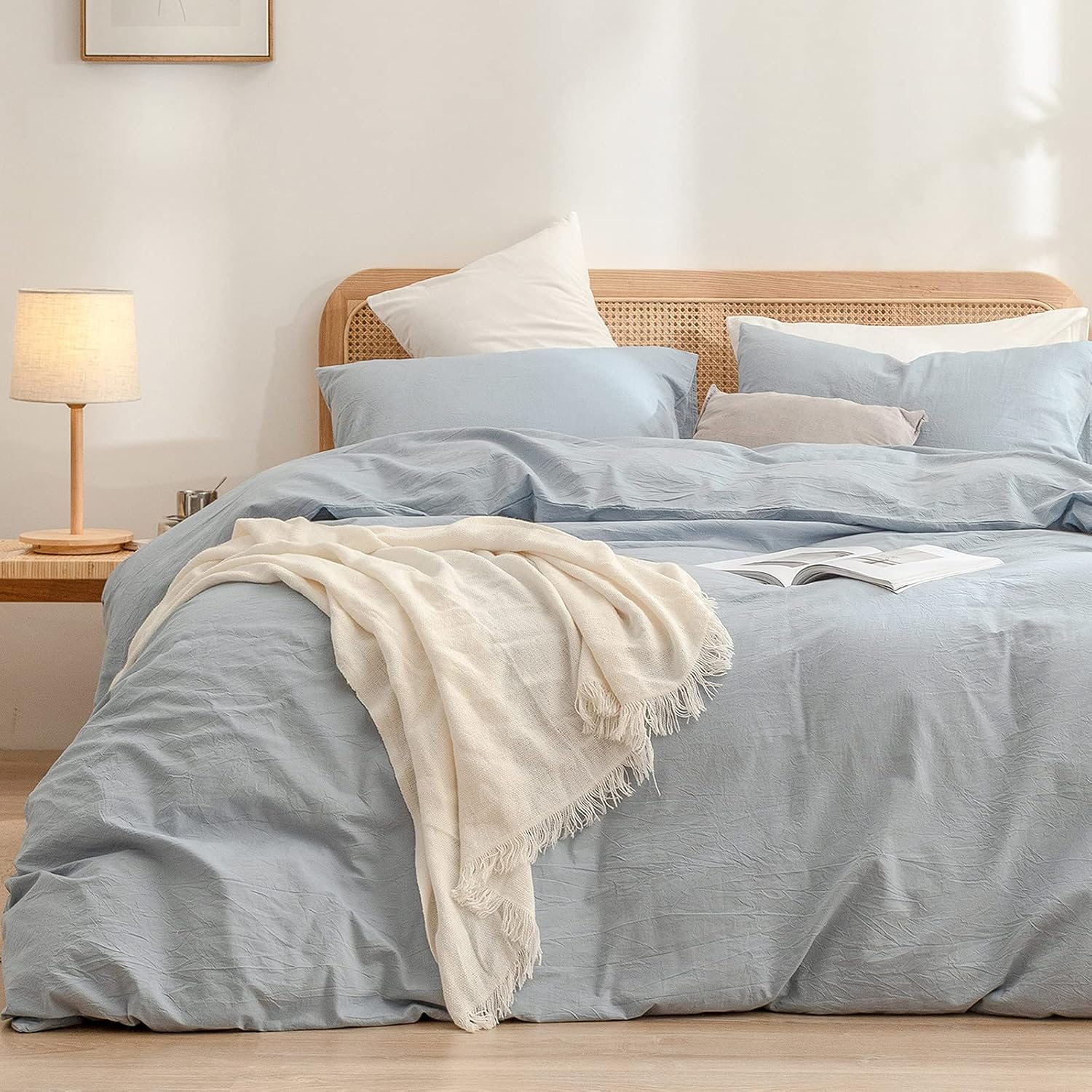 BESTOUCH Cotton Solid Duvet Cover Set Linen Feel Cornflower Blue King | Washed Cotton, Linen Feel, Soft Wrinkle Texture, Hidden Zipper, 8 Ties, Breathable Lightweight Durable Comfy, 3Pcs No Insert
