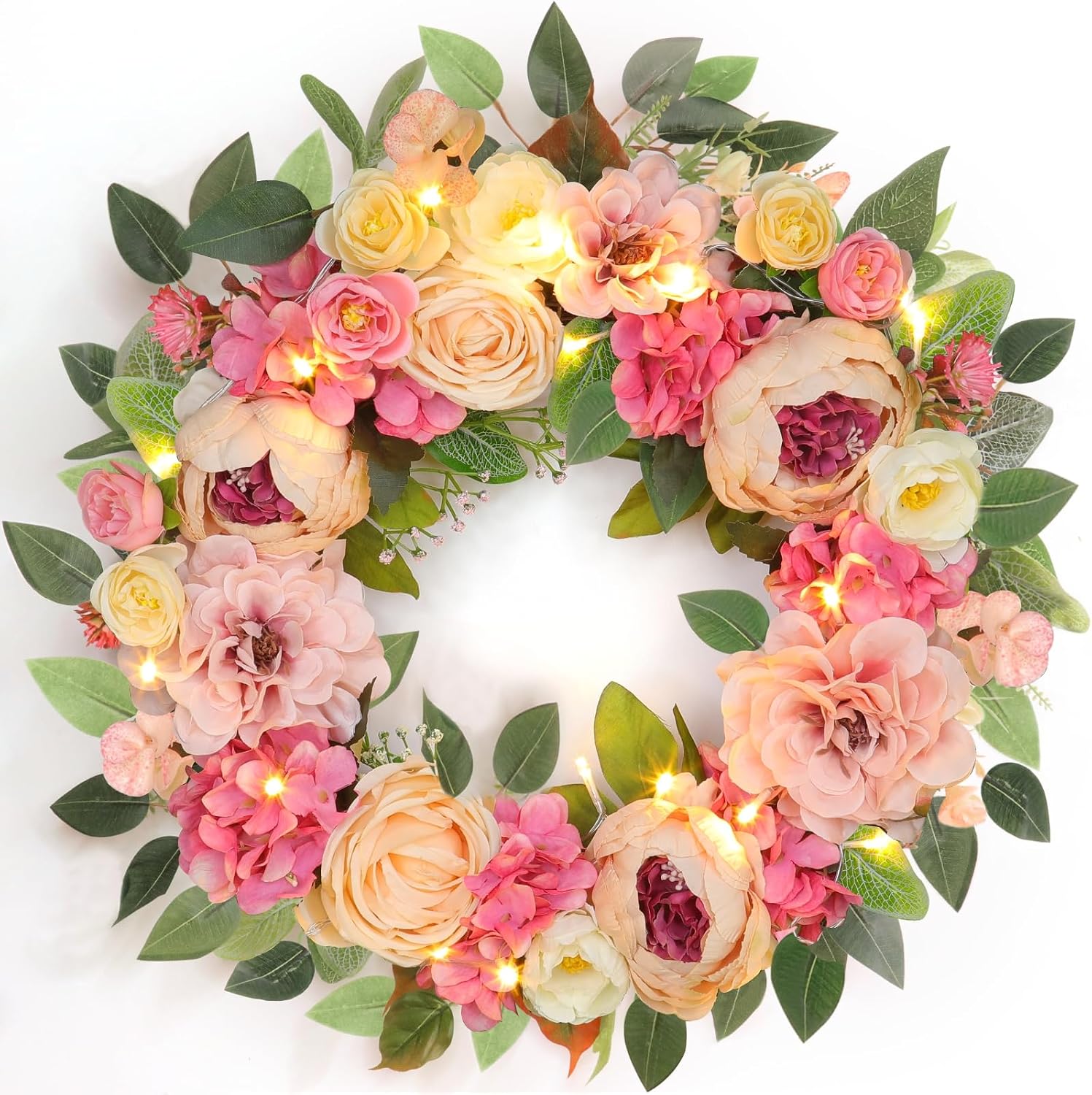 [Lighted & Timer] 22″ Spring Summer Wreaths for Front Door Peony Wreath with Lights Pink Silk Flower Hydrangea Rose Green Leaves Floral Wreath for Home Wall Window Wedding Party Indoor Outdoor Decor