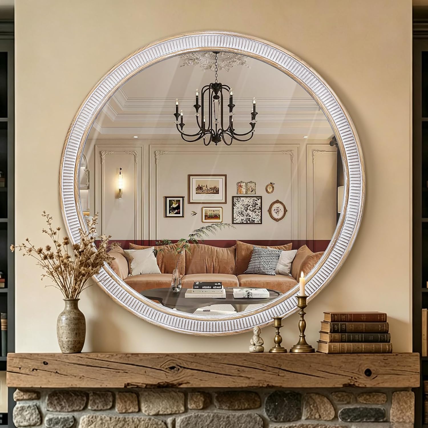 30 Inch Round Mirror, Rustic Farmhouse Circle Mirrors for Wall Decor | HD Tempered Glass, Over-sink Accent, Warm Wooden Look, Decorative Style for Living Room, Foyer, Entryway, Bathroom