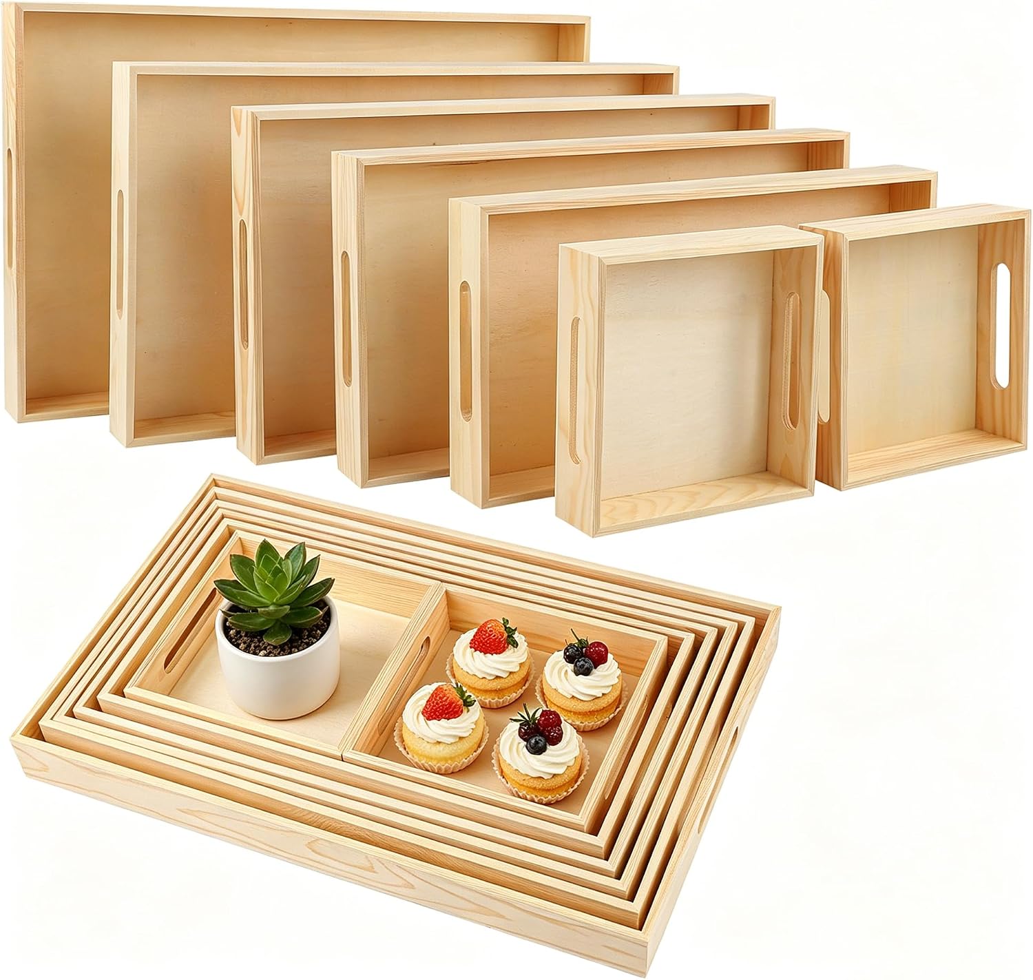 Aodaer 7 Pieces Wooden Trays, Wooden Nested Serving Trays, Rectangular Shape Wood Serving Tray with Handles for Kitchen Party Dinner Snacks