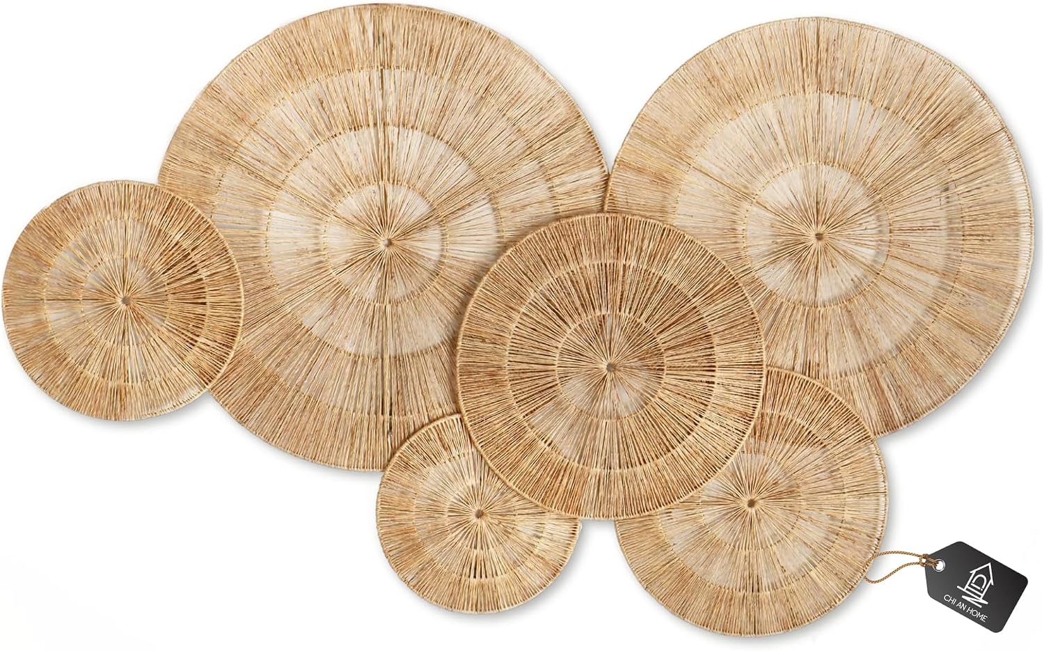 CHI AN HOME Wicker 23 Inch Jute Wall Decor Baskets, Set of 6 Extra Large Woven Jute Wall Plates, 23″,21″,15″,13″,12,10″, Decorative Baskets for Wall Arts, Wall Hanging for Bedroom, Living Room, Office | 23″, 21″, 15″, 13″, 12″, 10″ Natural Handwoven Jute Boho Wall Art, Coastal Wall Basket For Living Room, Bedroom, Entryway