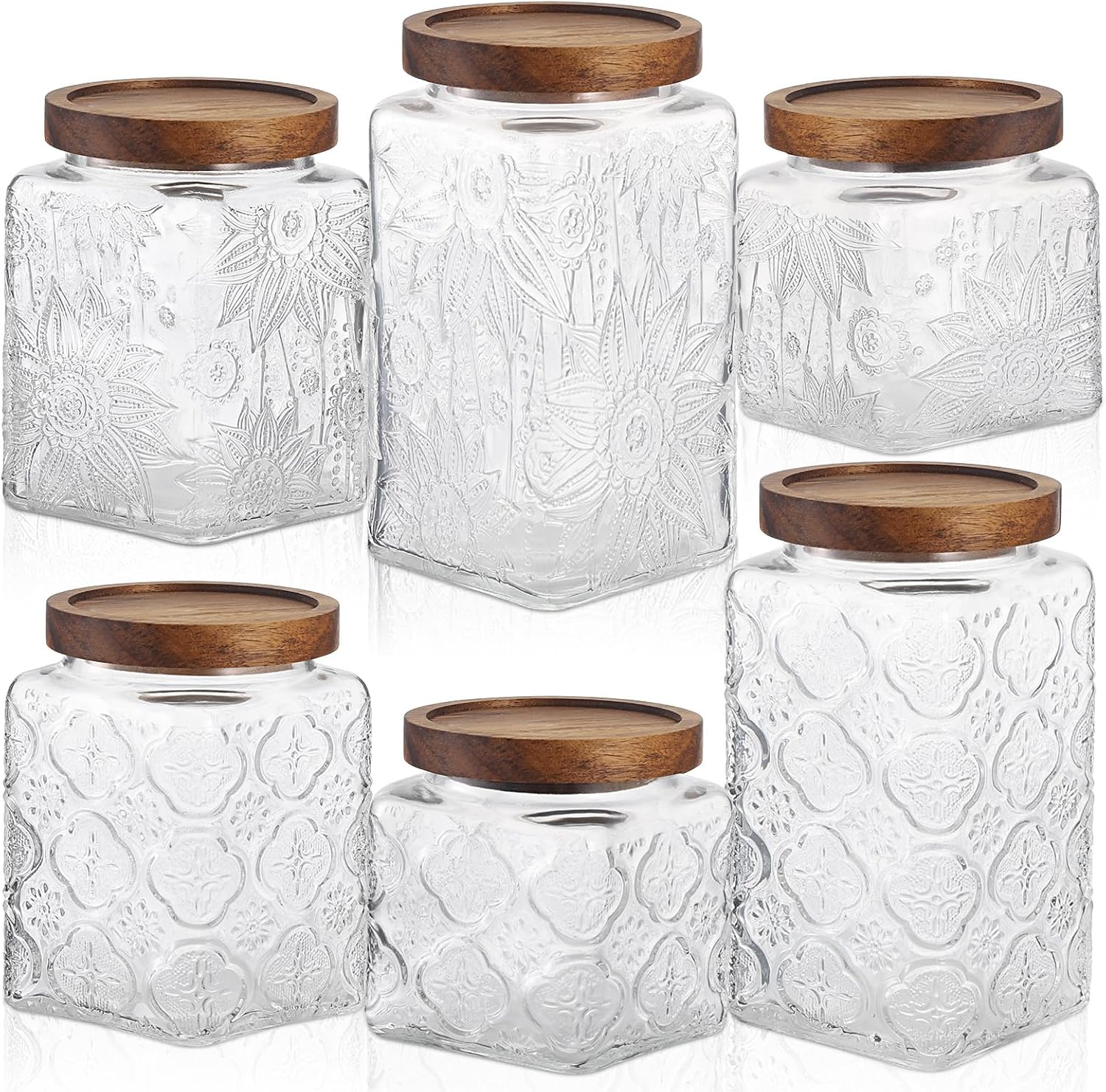 6 Pcs Vintage Glass Food Storage Containers with Wood Lid, 17/24/34 oz Vintage Glass Jar Square Embossed Texture Kitchen Canisters for Coffee Bean, Grains, Sugar & Flour