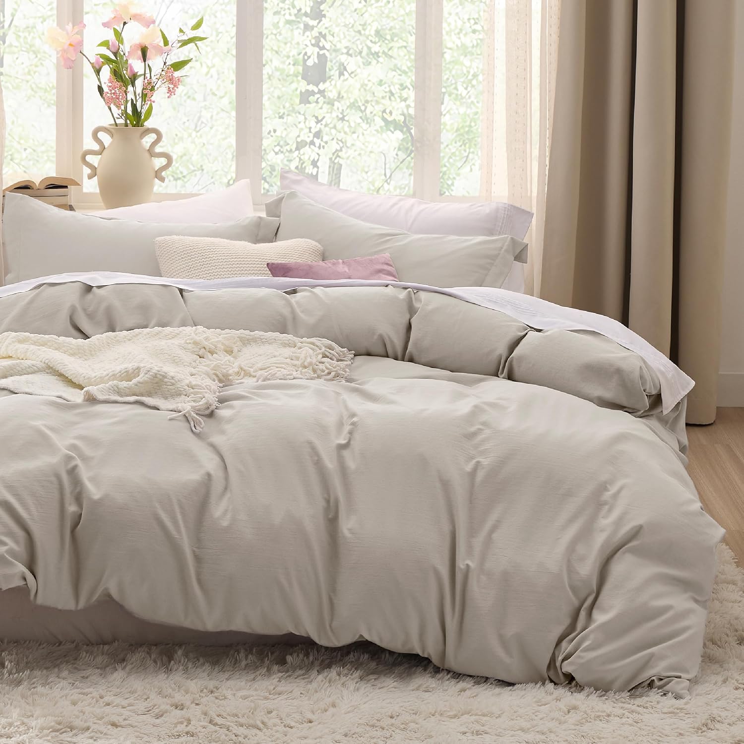 Bedsure Prewashed Duvet Cover King, Cotton-Like Soft Bedding Set, Linen | Ultra Soft, Relaxed Texture, 104″x90″ Breathable Comfort, Hidden Zipper, 8 Corner Ties, Easy Care, OEKO-TEX, Year-Round Use