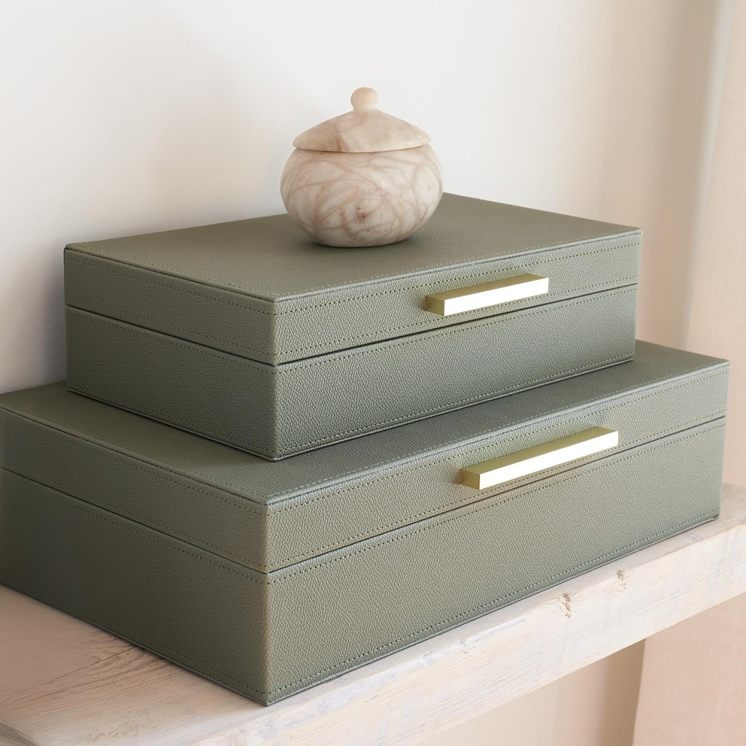 ZICOTO Decorative Storage Boxes with Lids – Set of 2 Beautiful PU Leather Organizer Bins for Your Bookshelf Home Decor – Safely Store Photos, Documents and Memory Box Keepsakes in Style