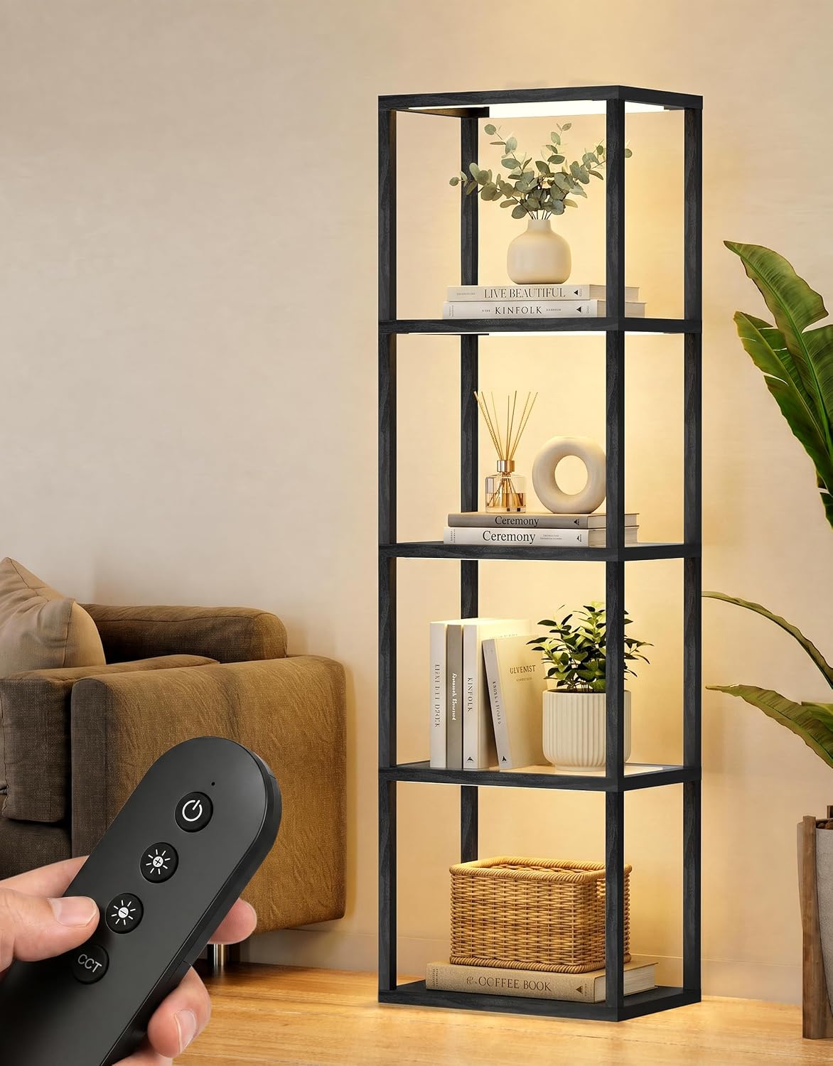 PARTPHONER Large Glass Display Shelf with Remote Control, Dimmable LED Floor Lamp with Shelves, Open Display Cabinet, 3 Color Temperature Control, Black