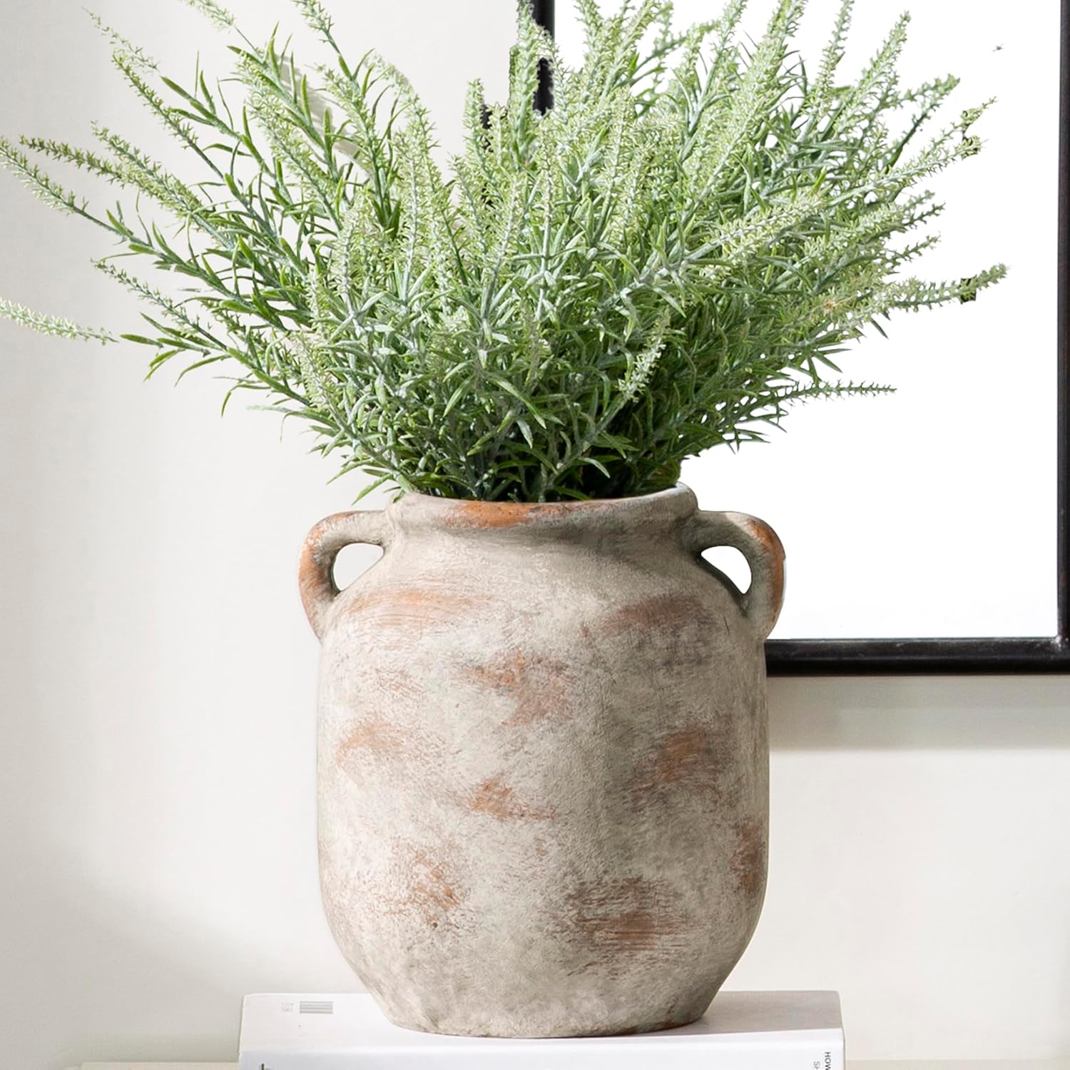 Ceramic Flower Vase Home Decor – 7.6 Inch Farmhouse Rustic Table Vases with Handle Living Room Decoration Decorative Vintage Pottery for Kitchen Shelf Coffee Dining Bookshelf Fireplace Centerpiece