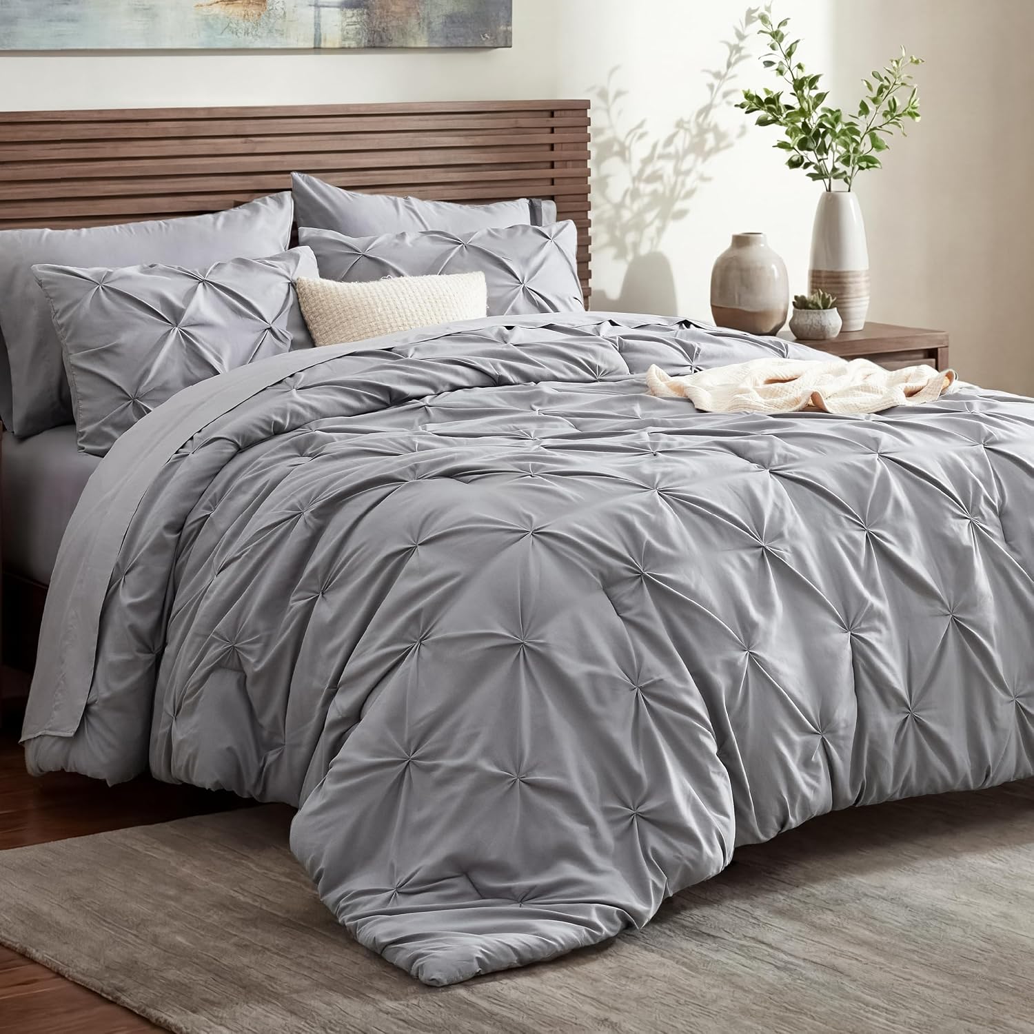 Bedsure Queen Comforter Set Grey – Bed in a Bag Queen Size Bedding 7 Pieces, GentleSoft™ Pintuck Bed Set Gift for Family, All Season Down Alternative Comforter with Sheets, Pillowcases & Shams