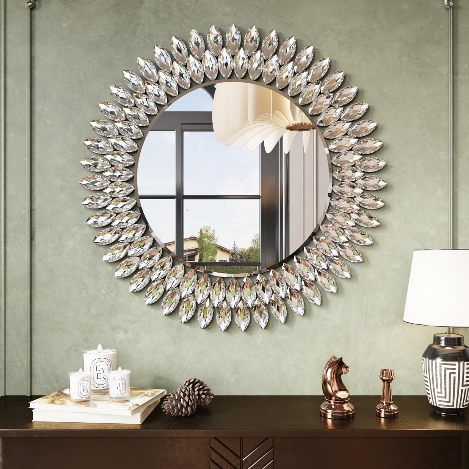 Kelly Miller 26″ Jeweled Luxury Round Decorative Wall Mirror | Elegant diamond beveled vanity mirror. Perfect wall mirror for living room, bedroom, entryway.