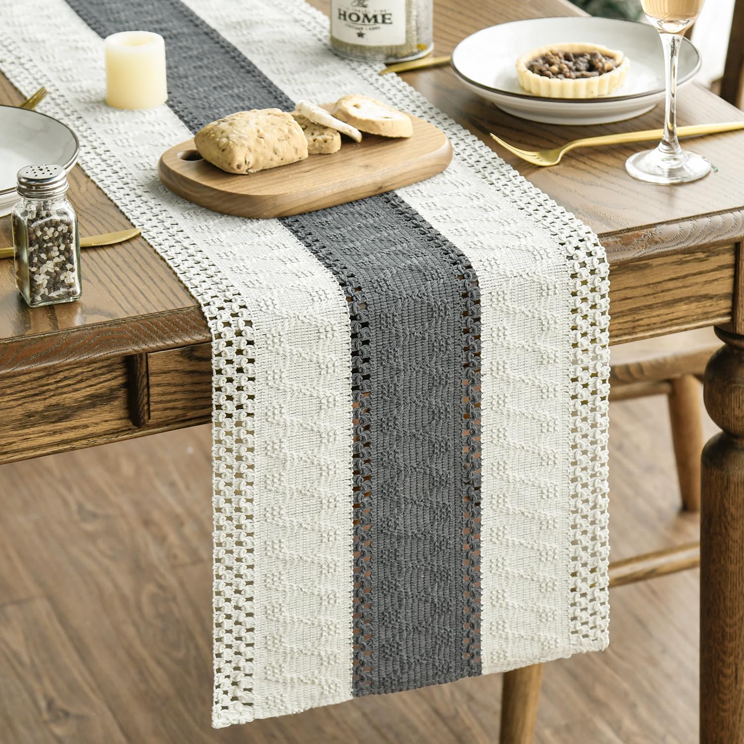 Artoid Mode Dark Grey Farmhouse Rustic Table Runner 12×72 Inch | Seasonal Holiday Hollow Kitchen Dining Dresser Table Decoration for Home Party Decor, Macrame Cotton Blend