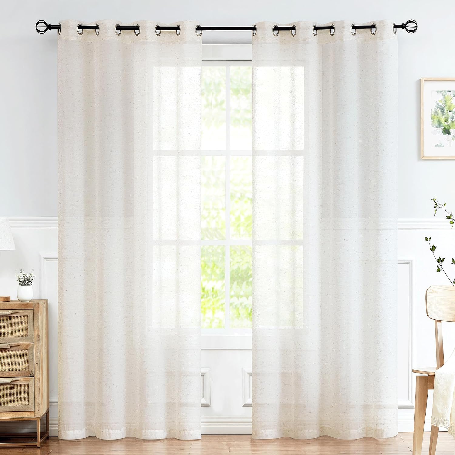 FMFUNCTEX Beige Flax Linen Sheer Curtains 84 Inch Long Rod Pocket 2 Panels | Natural Semi Sheer Window Drapes for Bedroom and Living Room, Farmhouse French Window Curtain Light Filtering Privacy