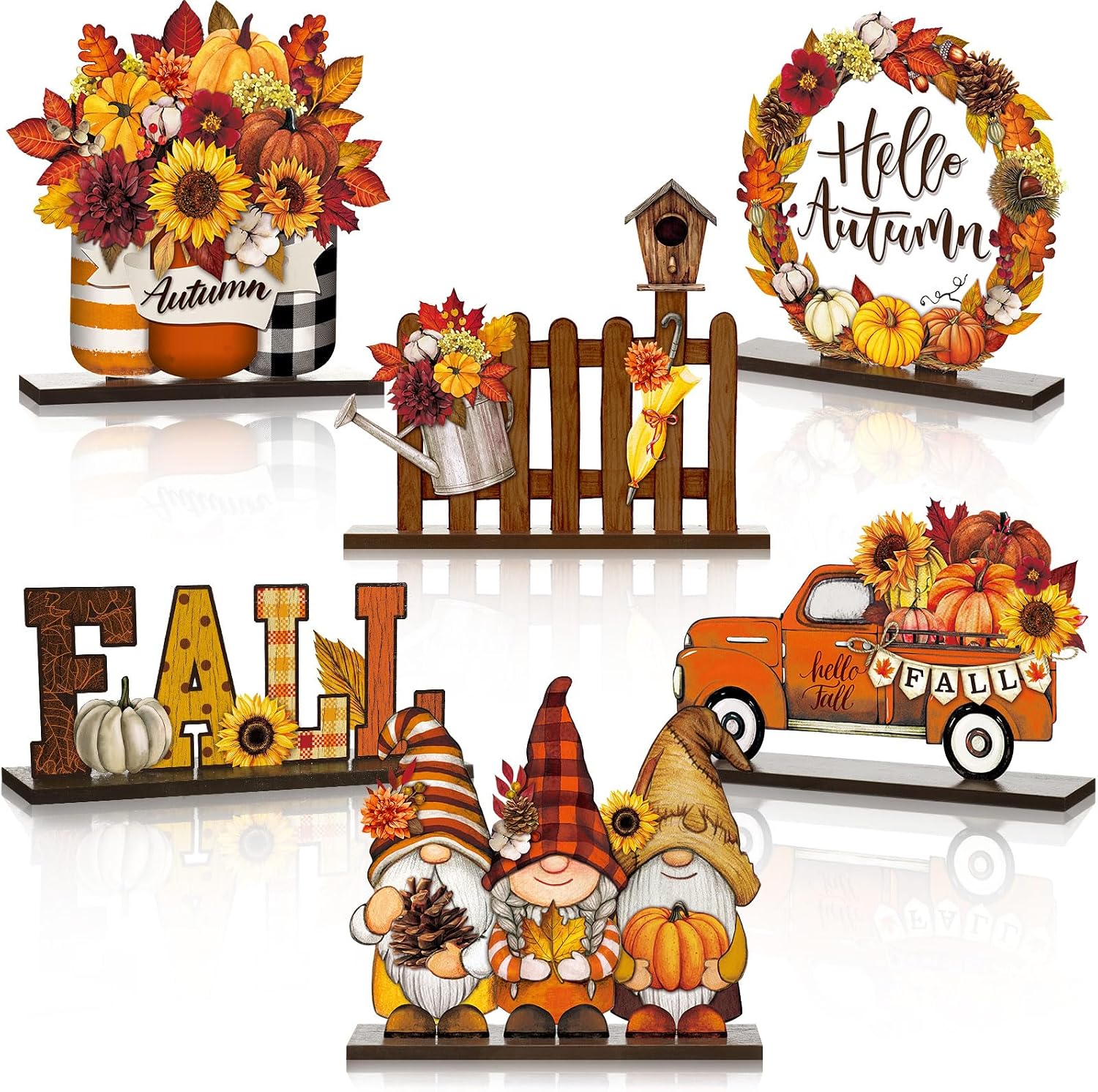 Wenqik 6 Pcs Fall Wooden Table Decorations, Hello Autumn Tabletop Signs, Thanksgiving Pumpkin Gnome Sunflower Maple Leaf Centerpieces for Tiered Tray Farmhouse Kitchen Shelf Home Decor