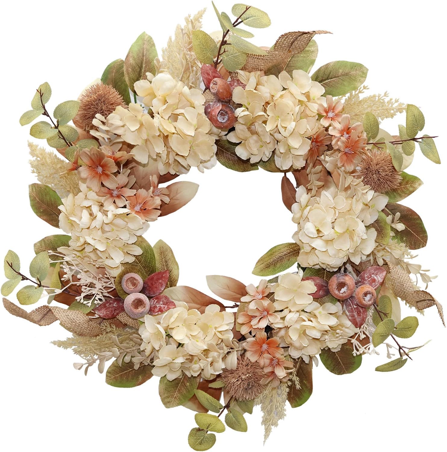 18 Inch Lush Fall Wreath for Front Door, Boho Brown Outdoor Wreath with Faux Dried Hydrangea Pampas Burlap & Flowers, Farmhouse Fall Winter Thanksgiving Harvest Décor
