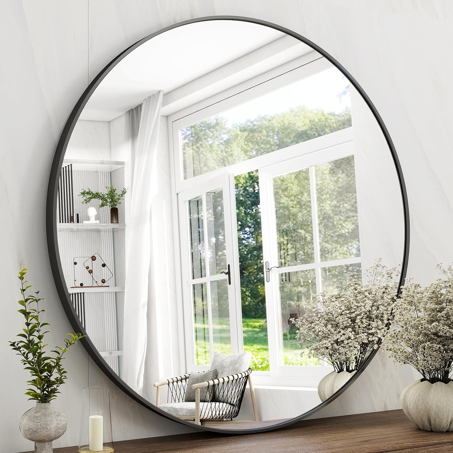 42 Inch Round Bathroom Mirror – Black Wall Mounted Circle Mirror with Metal Frame, Modern Round Hanging Mirror Suitable for Bathroom, Vanity, Entryway, Living Room