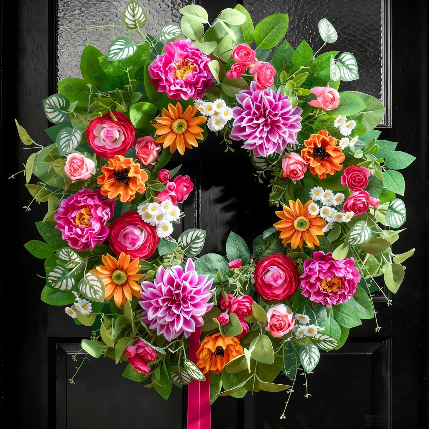 Spring Summer Wreaths for Front Door 24 Inch with Dahlia, Peony & Daisy Spring Wreaths for Front Door Outside Summer Door Wreath for Entryway, Porch & Home Décor Outdoor Summer Wreath