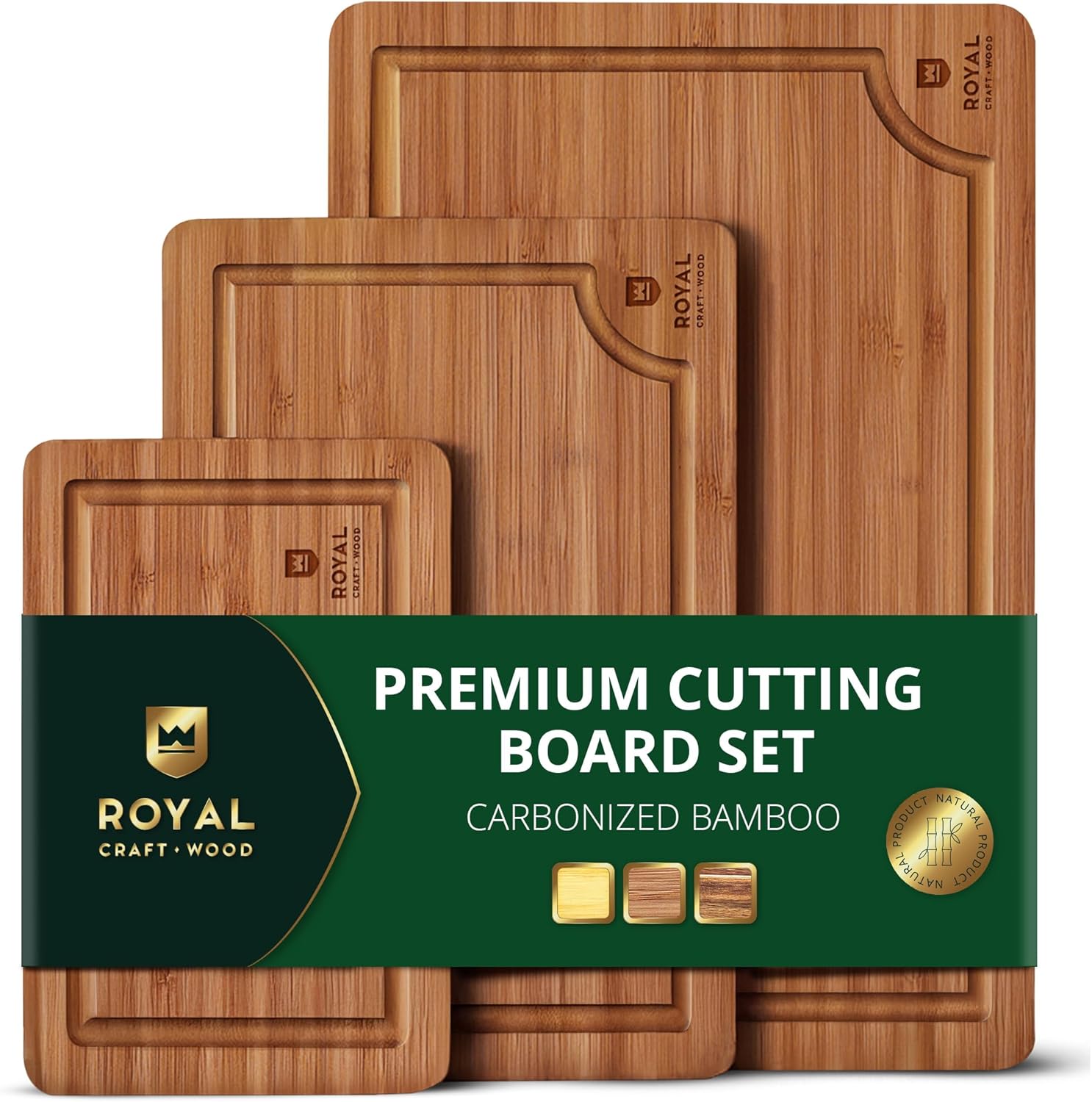 ROYAL CRAFT WOOD Wooden Cutting Boards for Kitchen Appliances – Non Toxic Bamboo Wood Cutting Board Set with Deep Juice Groove, Side Handles, Charcuterie & Butcher Block for Meat, Meal Prep & Serving