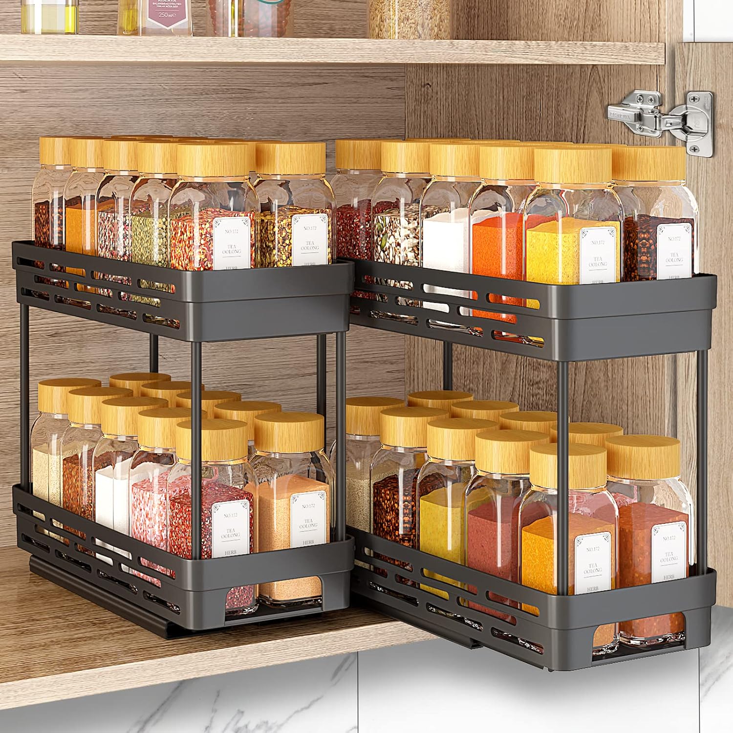2 Pack Pull Out Spice Rack Organizer for Cabinet, Slide Out Spice Racks Organizer, Spice Cabinet Organizers, Cabinet Size Need:12” Highx11” Deepx5” Wide,Hold 10 Spice Jar Each Tier-2Tier, Black