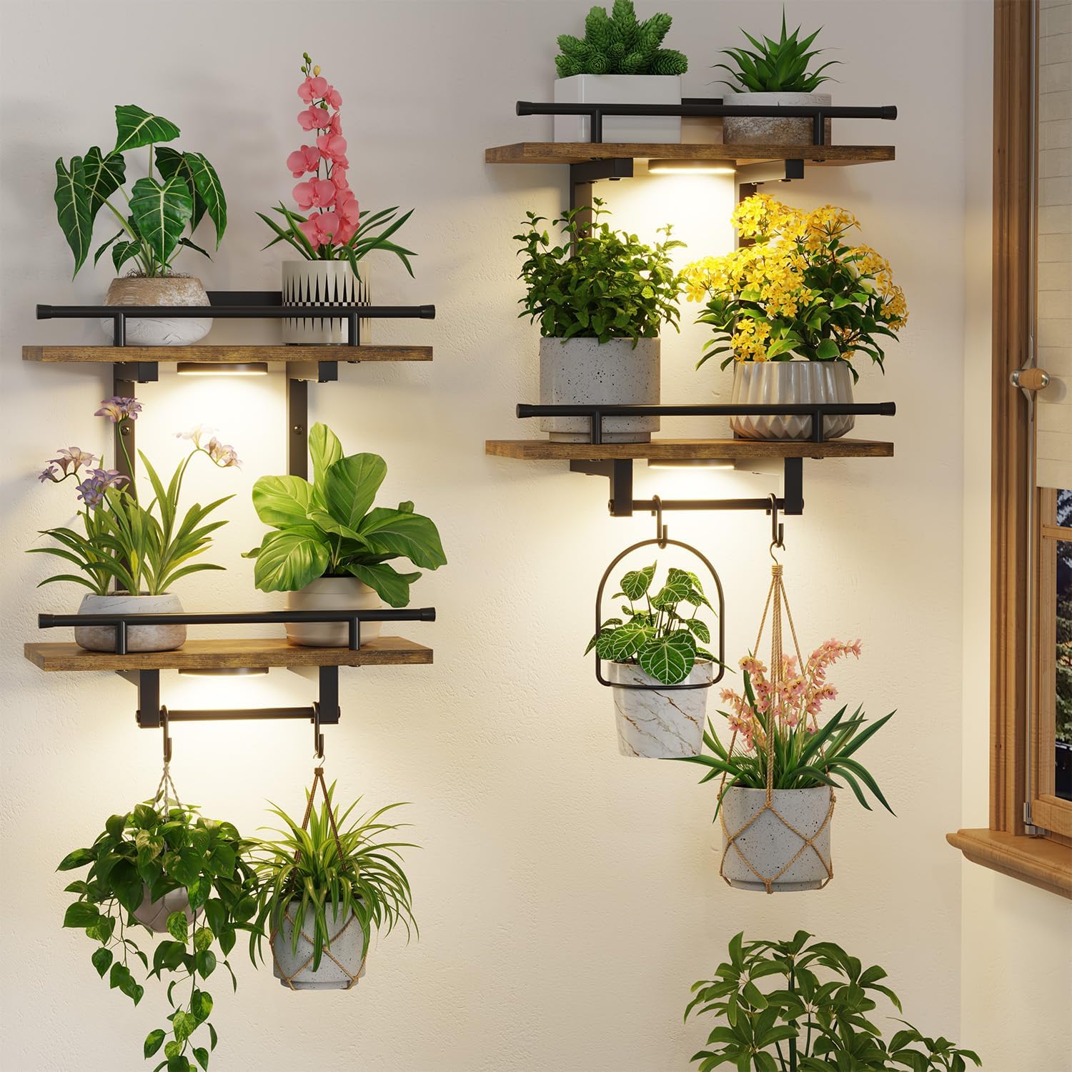 LASZOLA Floating Plant Shelves Holder Wall Indoor with Lights, 2 Pack Brown | 2 Tier Window Hangers Stand with Hooks, Metal and Wood, Flower Hanging Display Rack for Bedroom Living Room Kitchen Decor